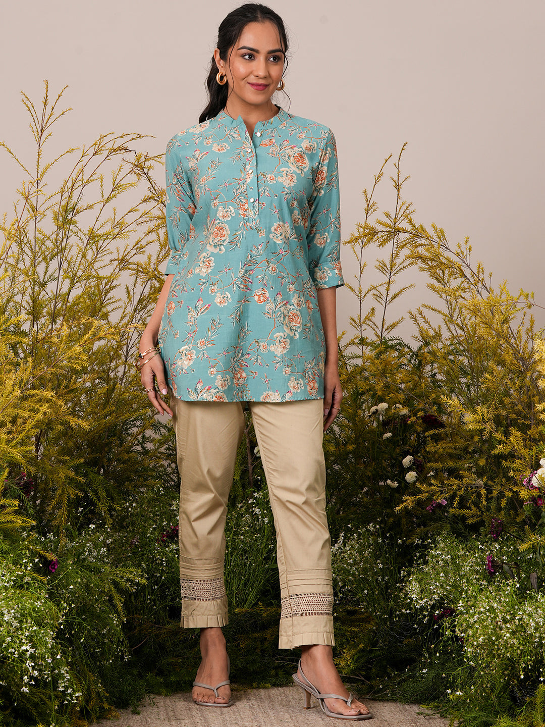 Blue Printed Silk Blend A-Line Kurti