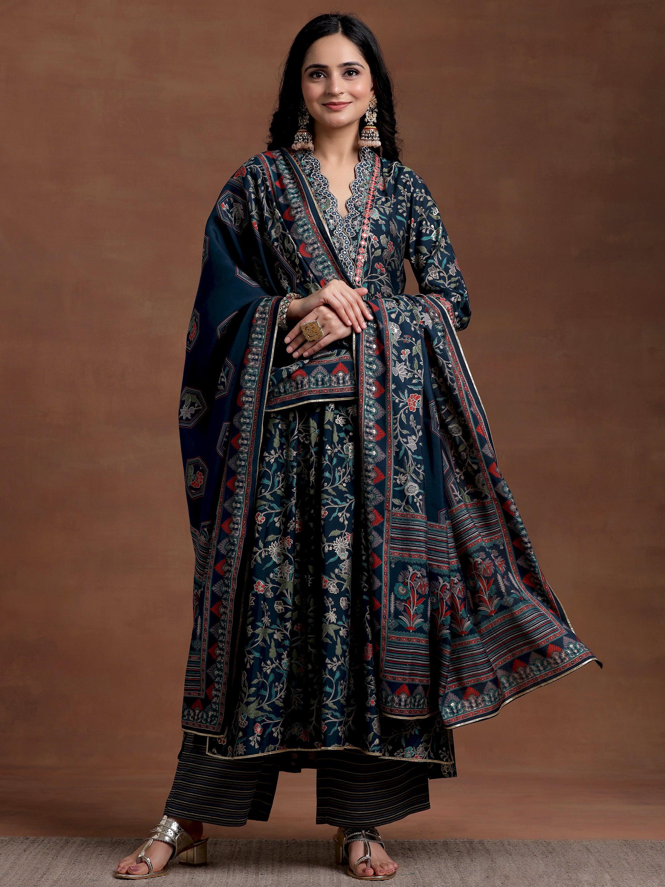 Blue Printed Silk Blend A-Line Kurta With Palazzos & Dupatta