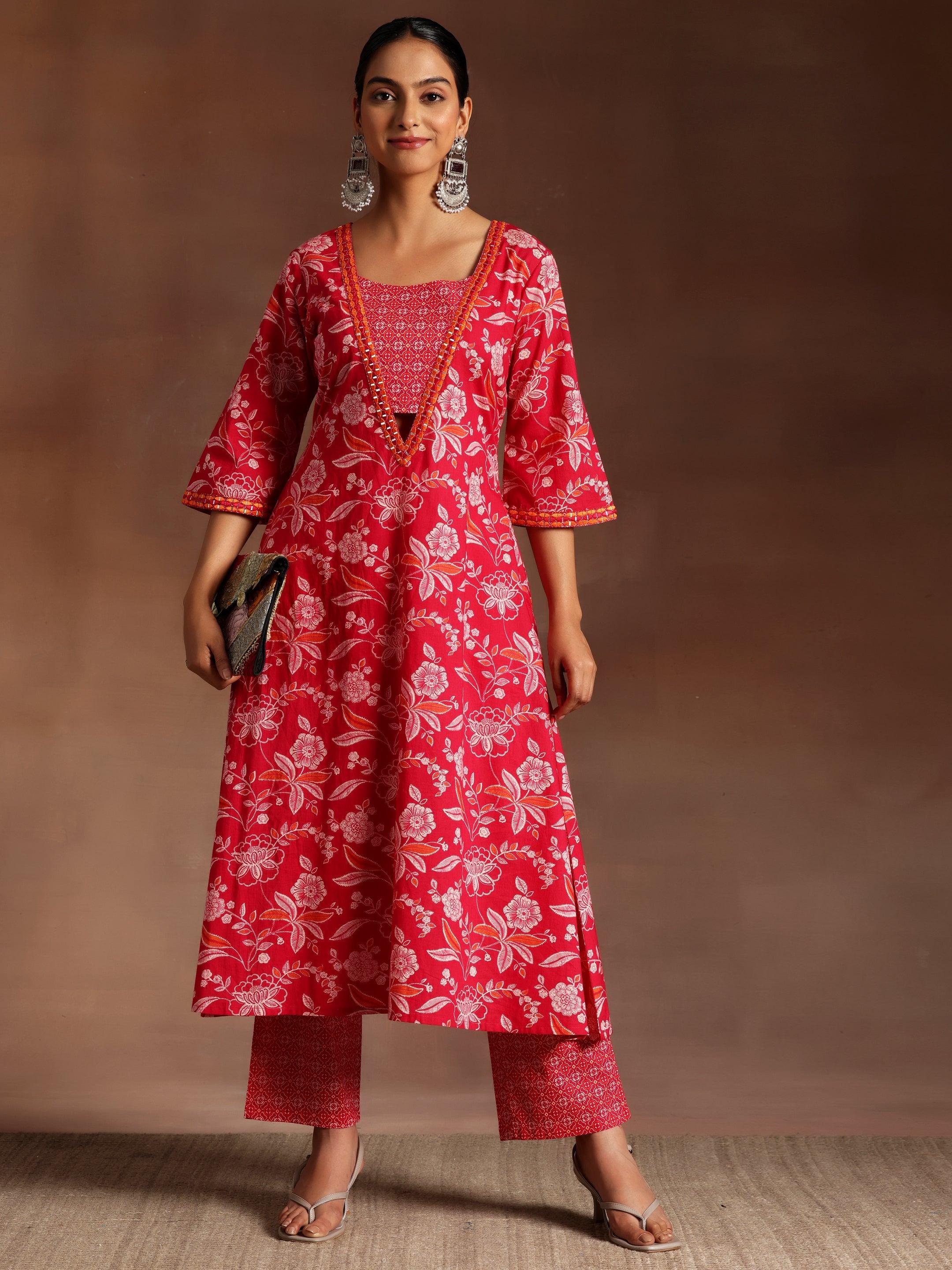 Taruni Pink Printed Cotton A-Line Kurta With Palazzos