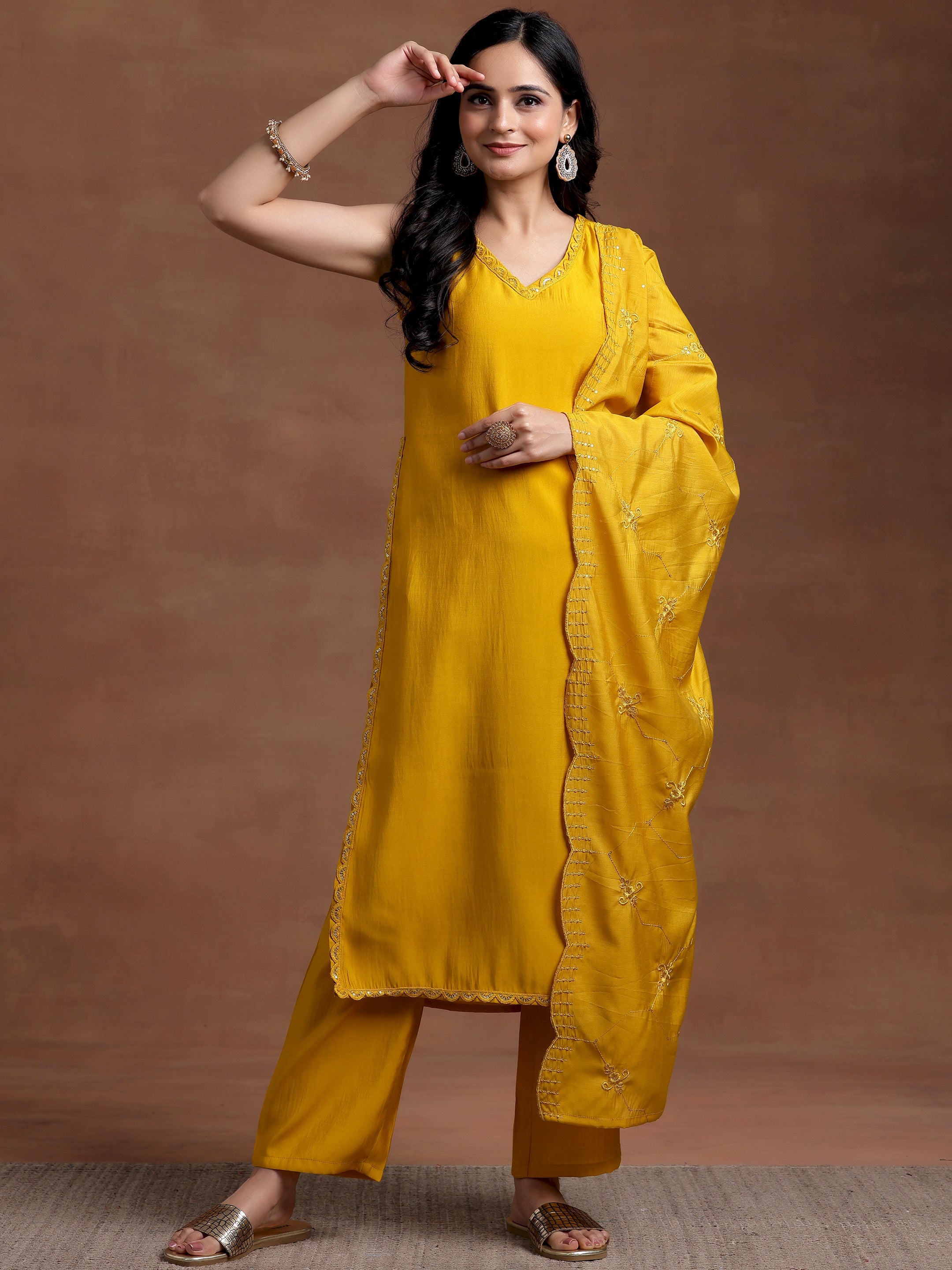 Mustard Solid Silk Blend Straight Suit With Dupatta