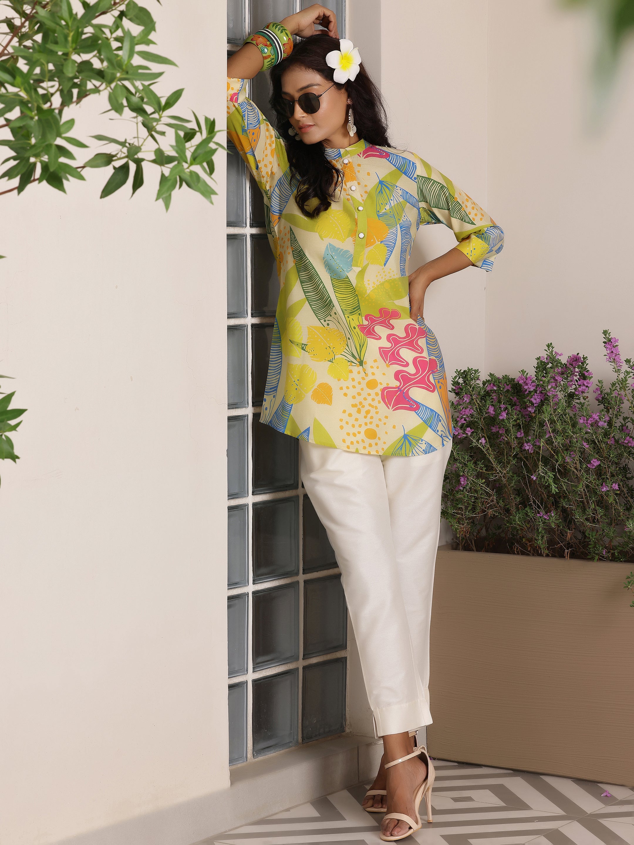 Cream Printed Silk Blend Straight Kurti