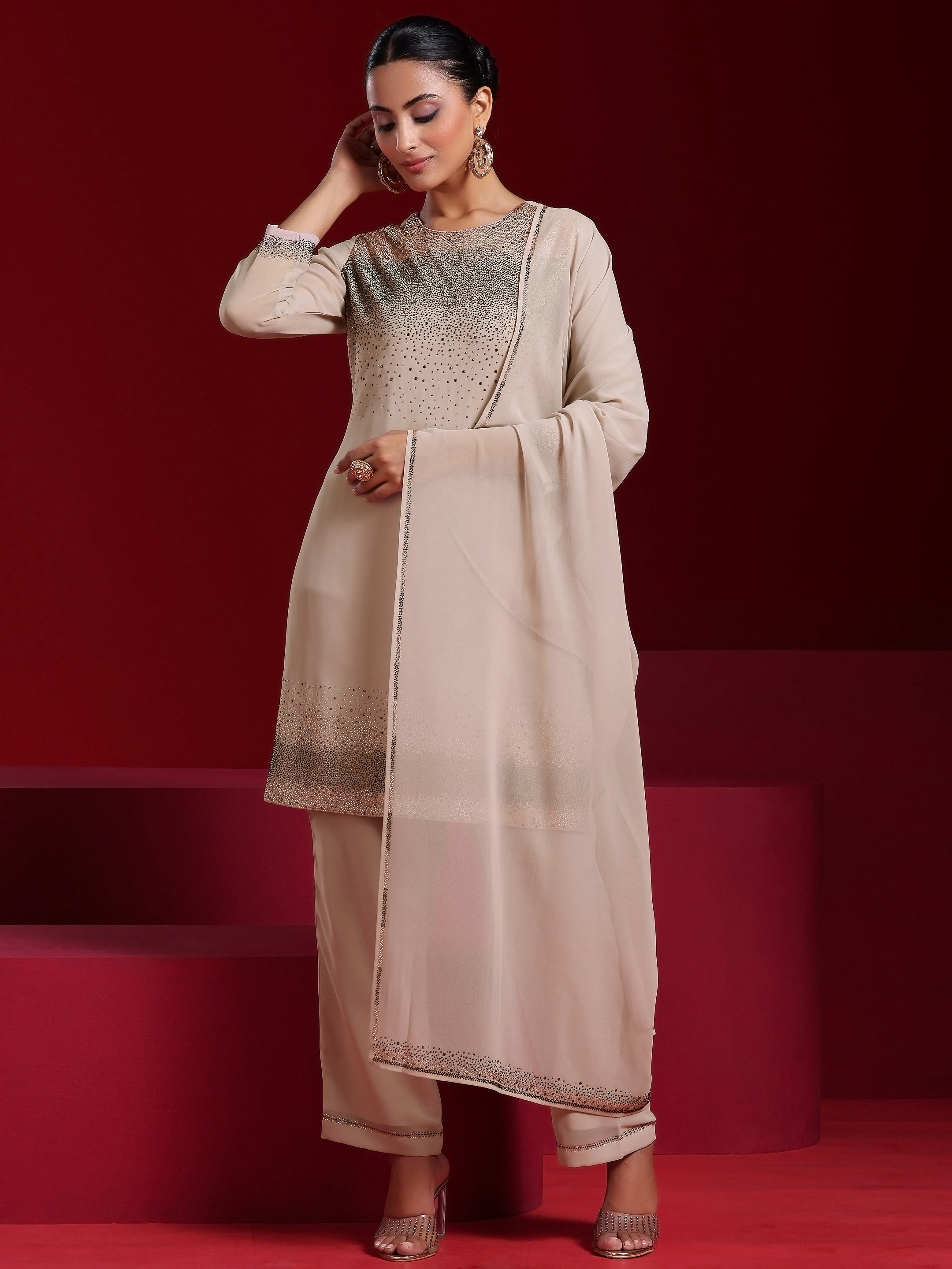 Libas Art Taupe Solid Georgette Straight Suit With Dupatta