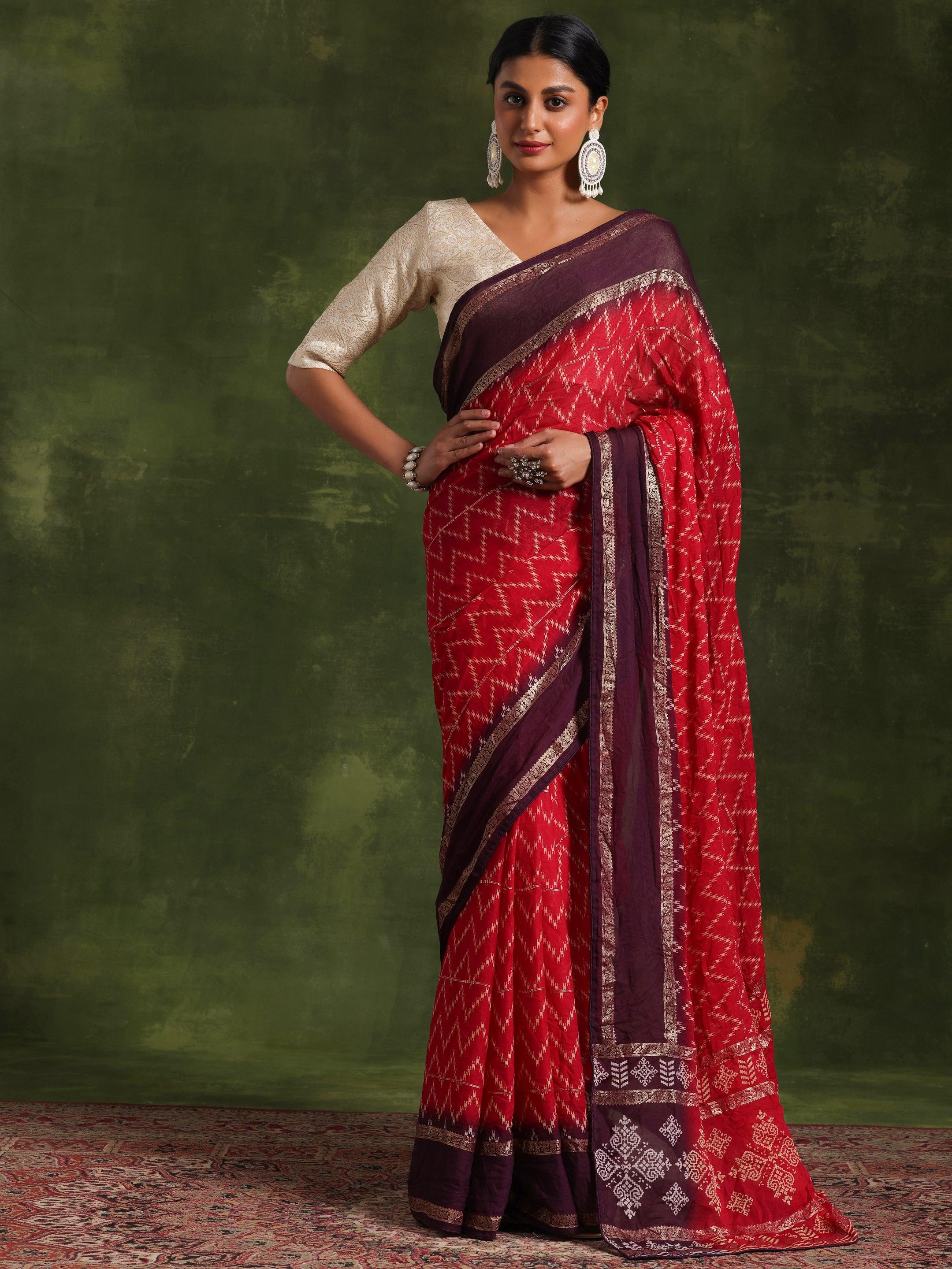 Pink Printed Poly Georgette Saree With Unstitched Blouse Piece