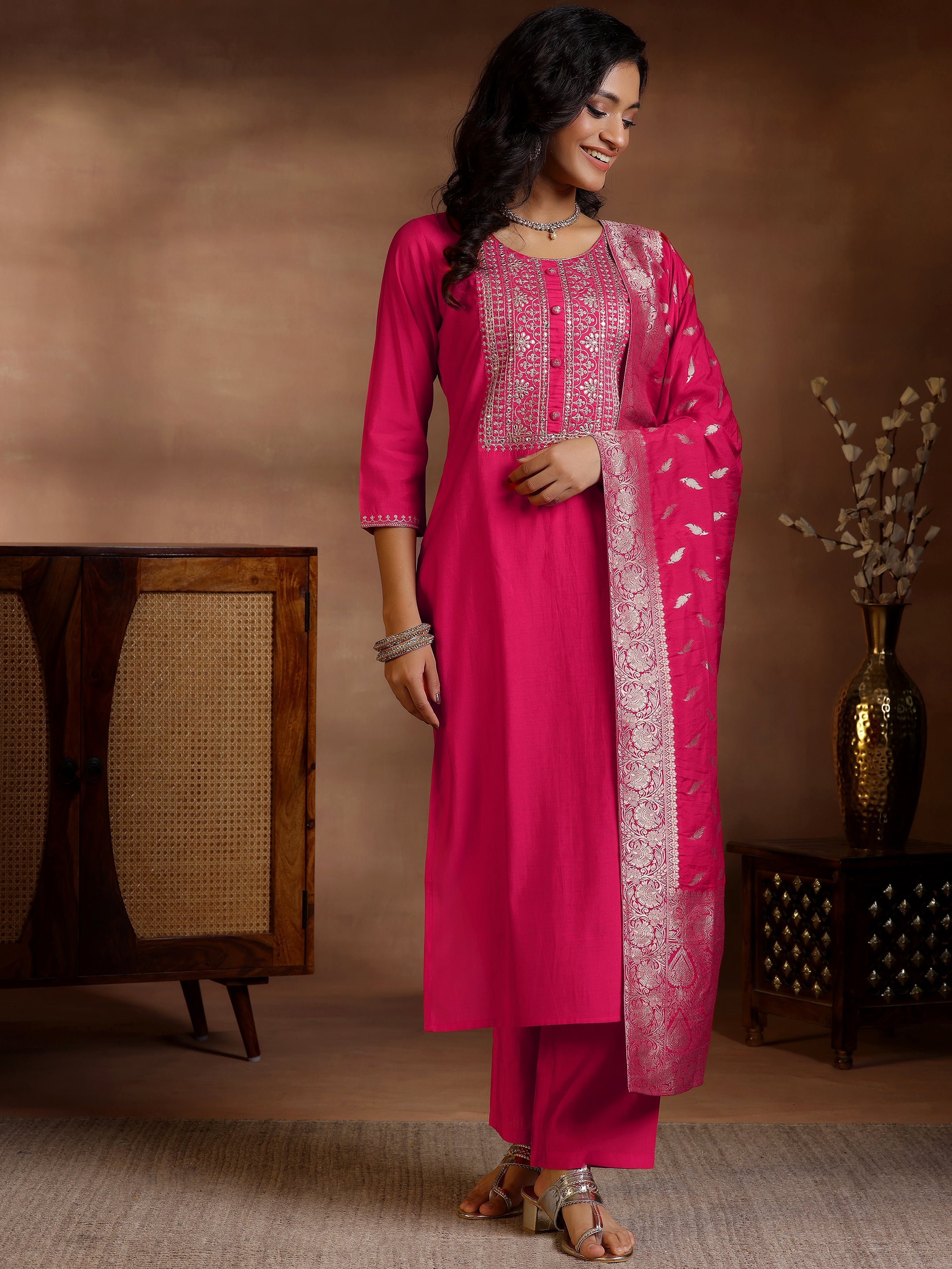 Pink Yoke Design Silk Blend Straight Suits With Dupatta