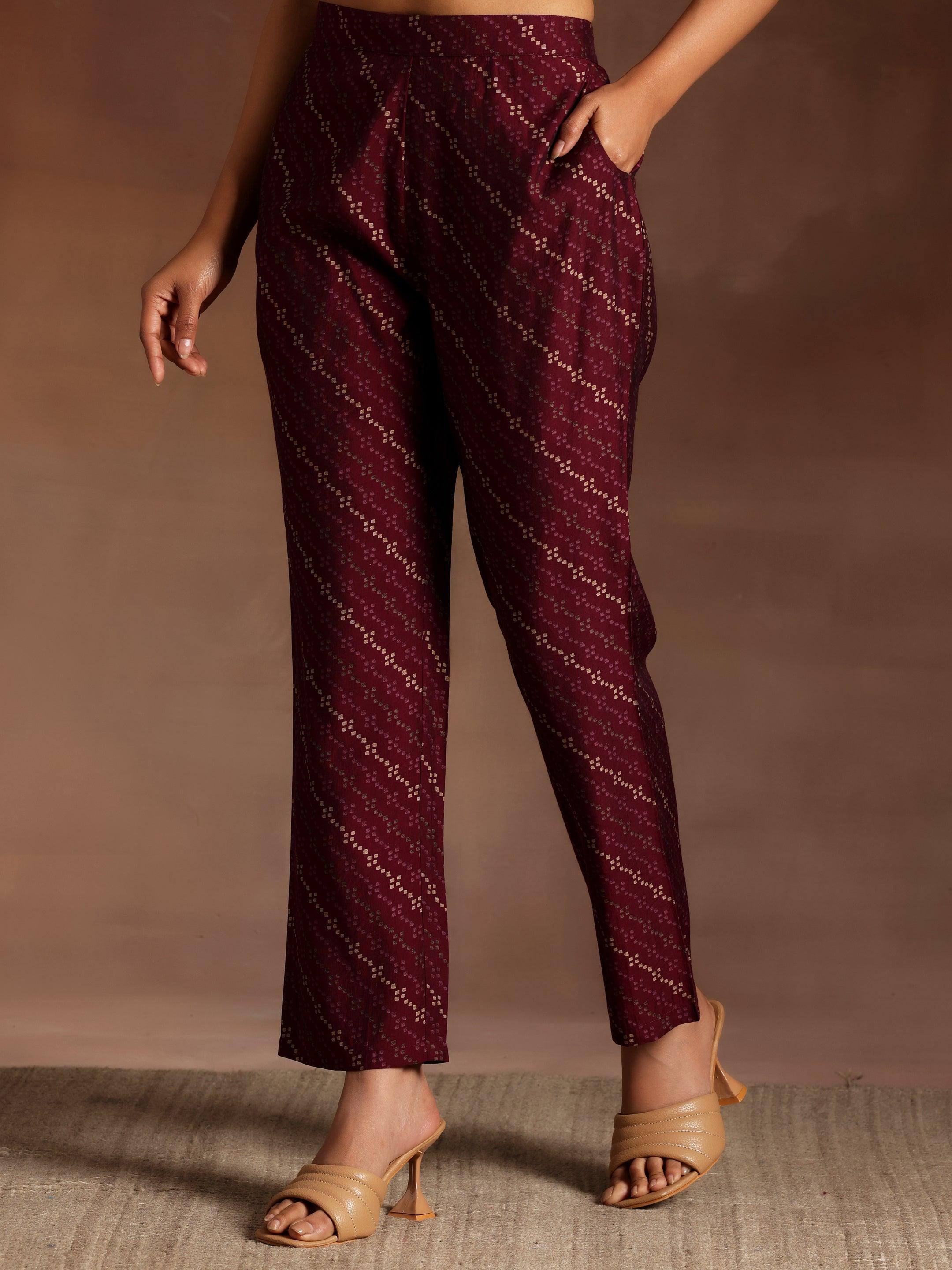 Burgundy Printed Silk Blend Straight Suit With Dupatta