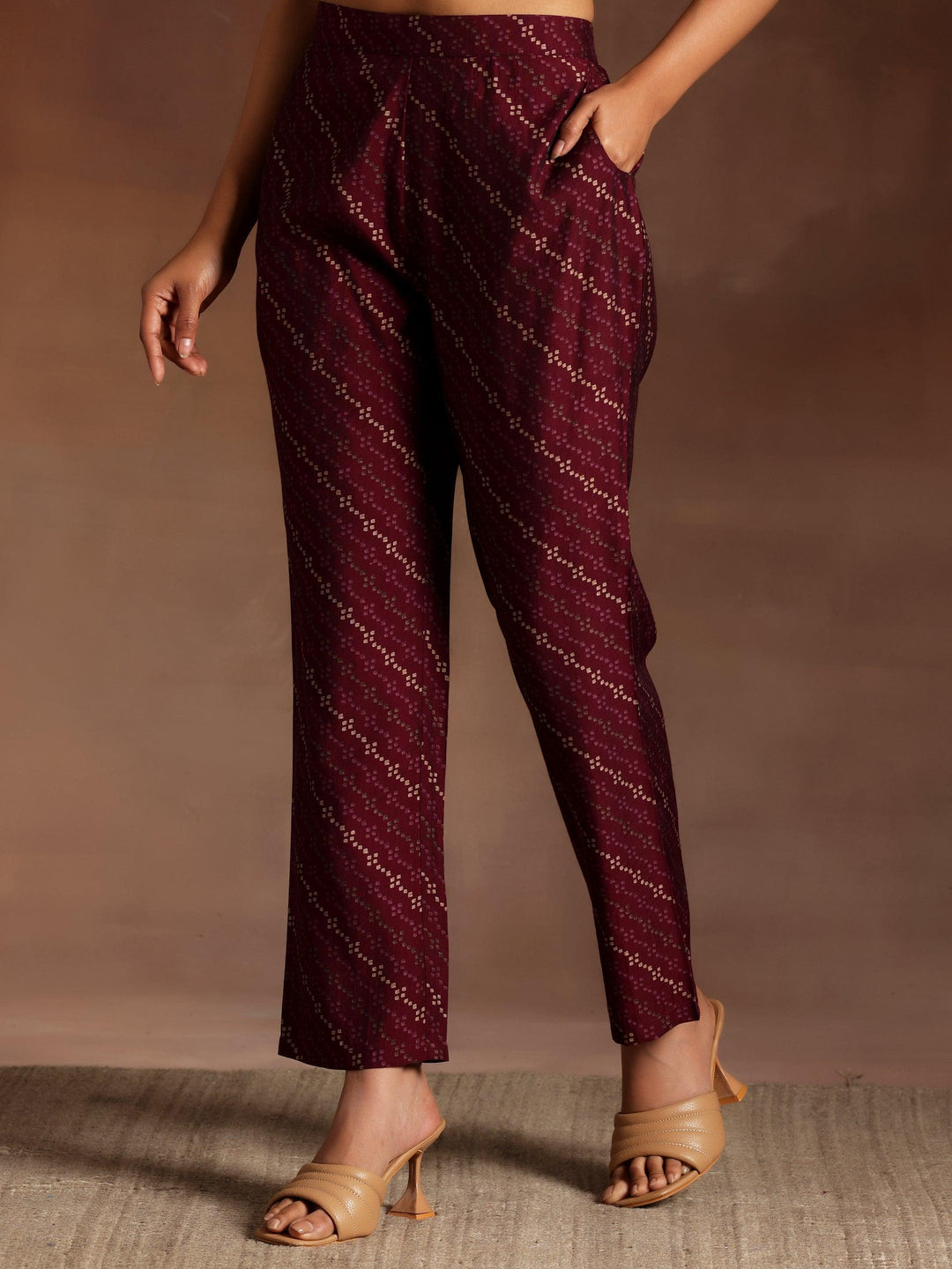 Burgundy Printed Silk Blend Straight Kurta With Trousers & Dupatta - ShopLibas