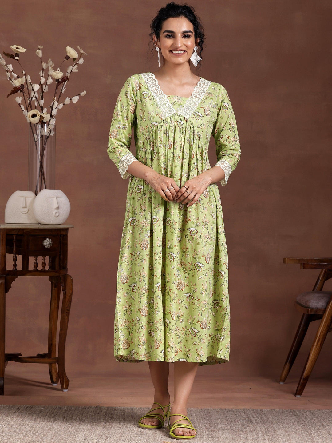 Green Printed Cotton Fit and Flare Dress - Libas