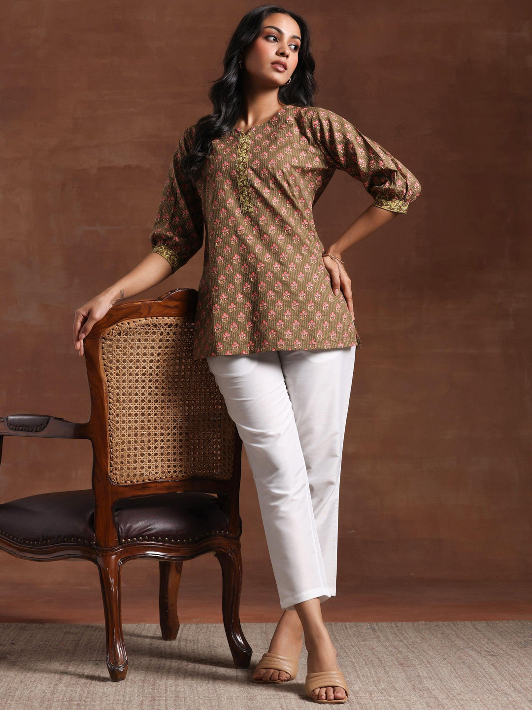 Olive Printed Cotton Straight Kurti - Libas