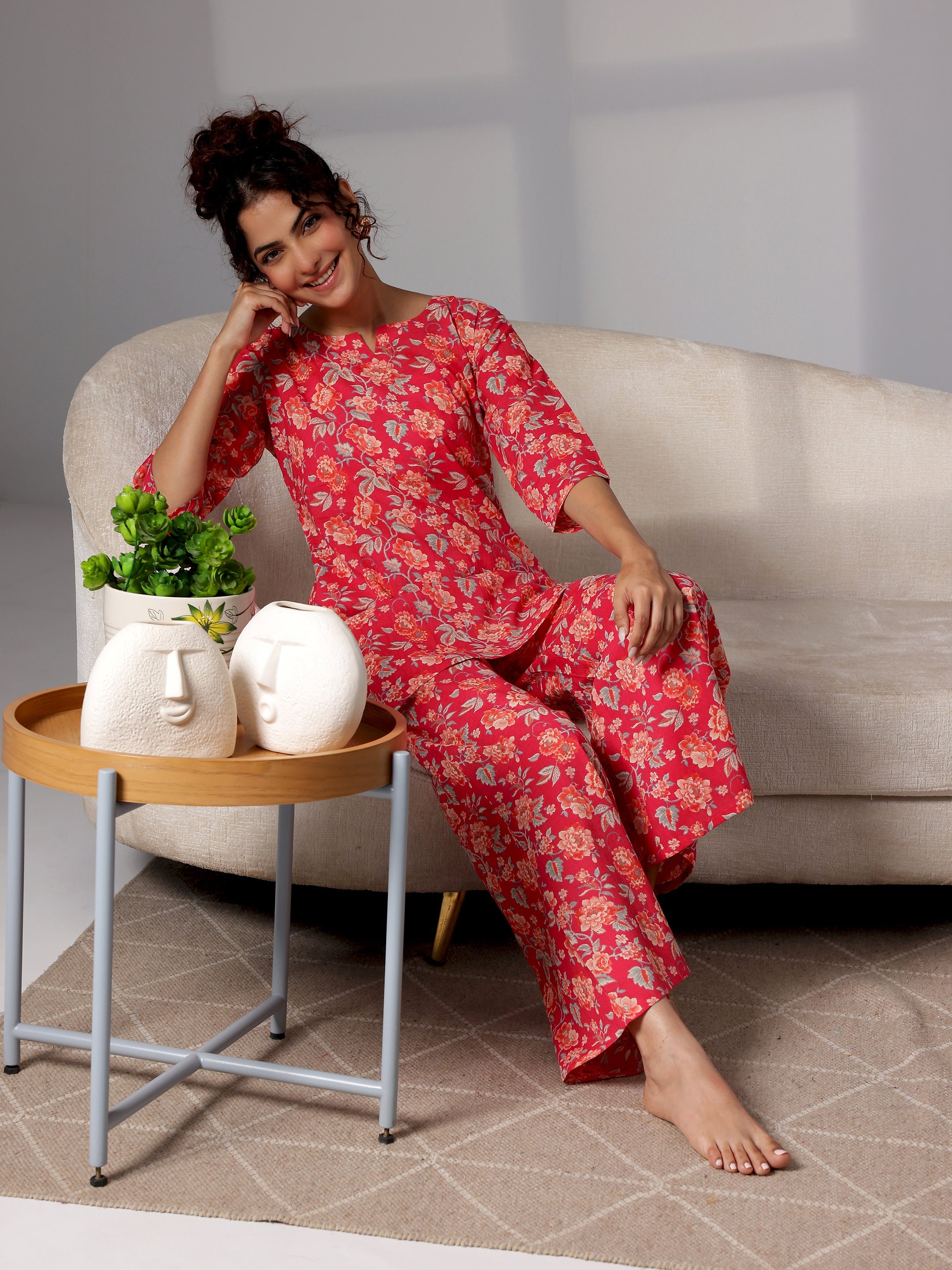 Coral Printed Cotton Night Suits