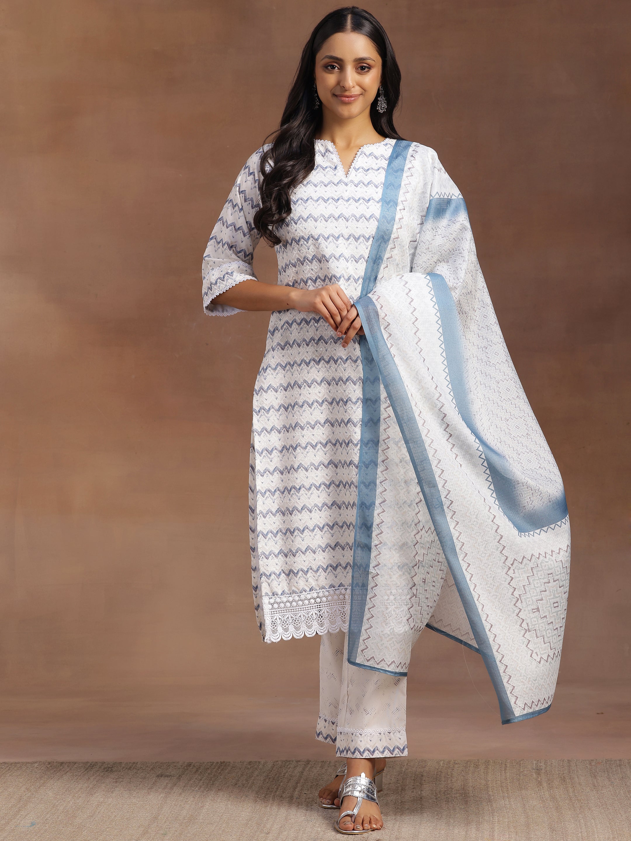 Off White Embroidered Cotton Blend Straight Suit With Dupatta