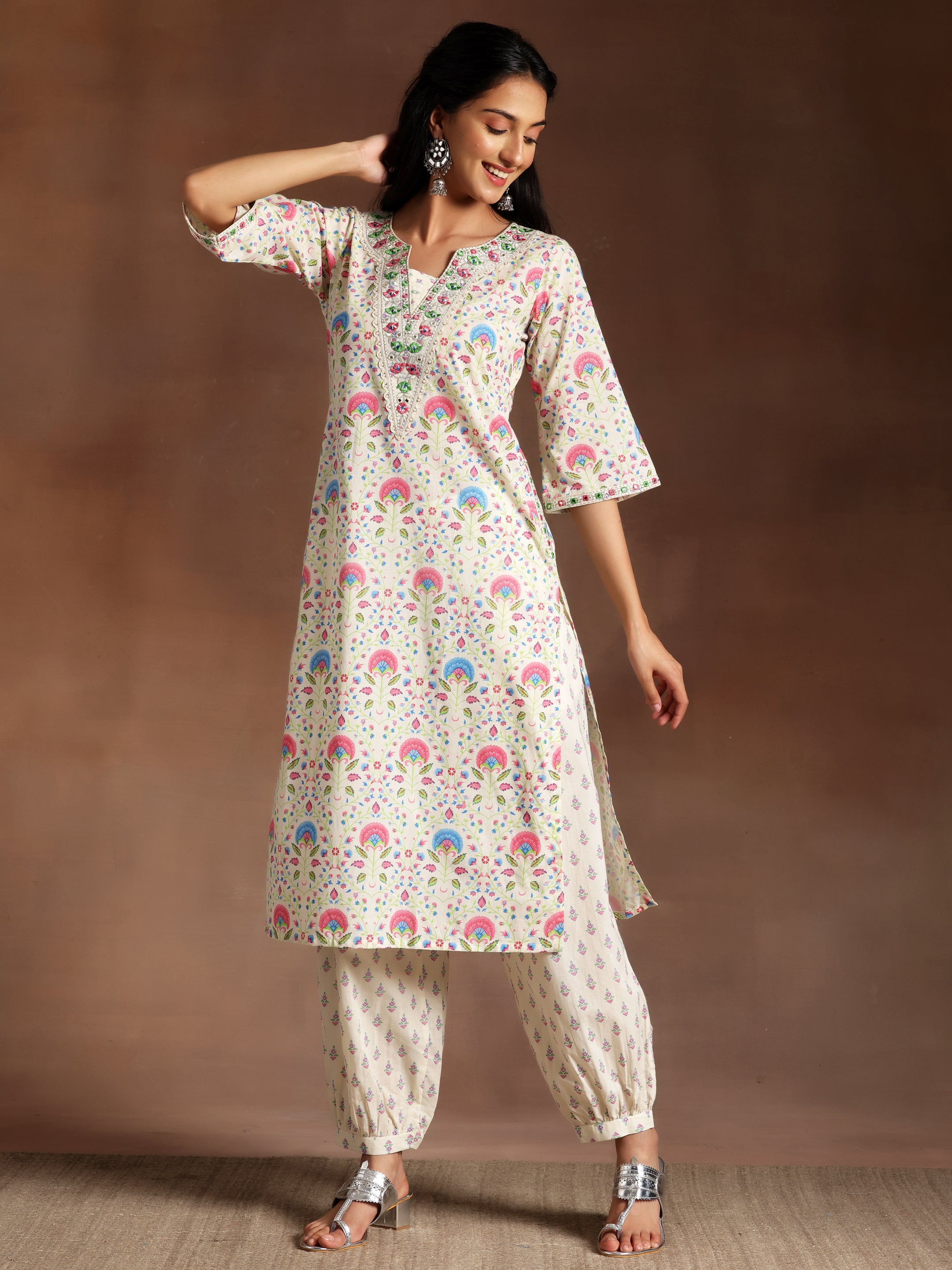 Off White Printed Cotton Straight Kurta Set