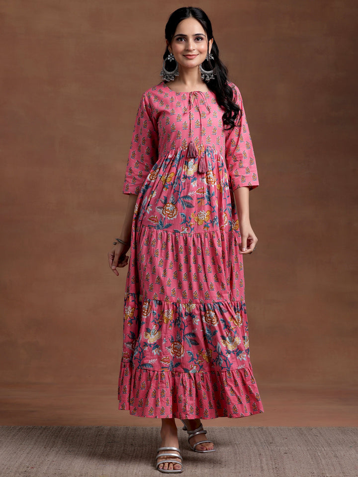 Pink Printed Cotton A-Line Dress