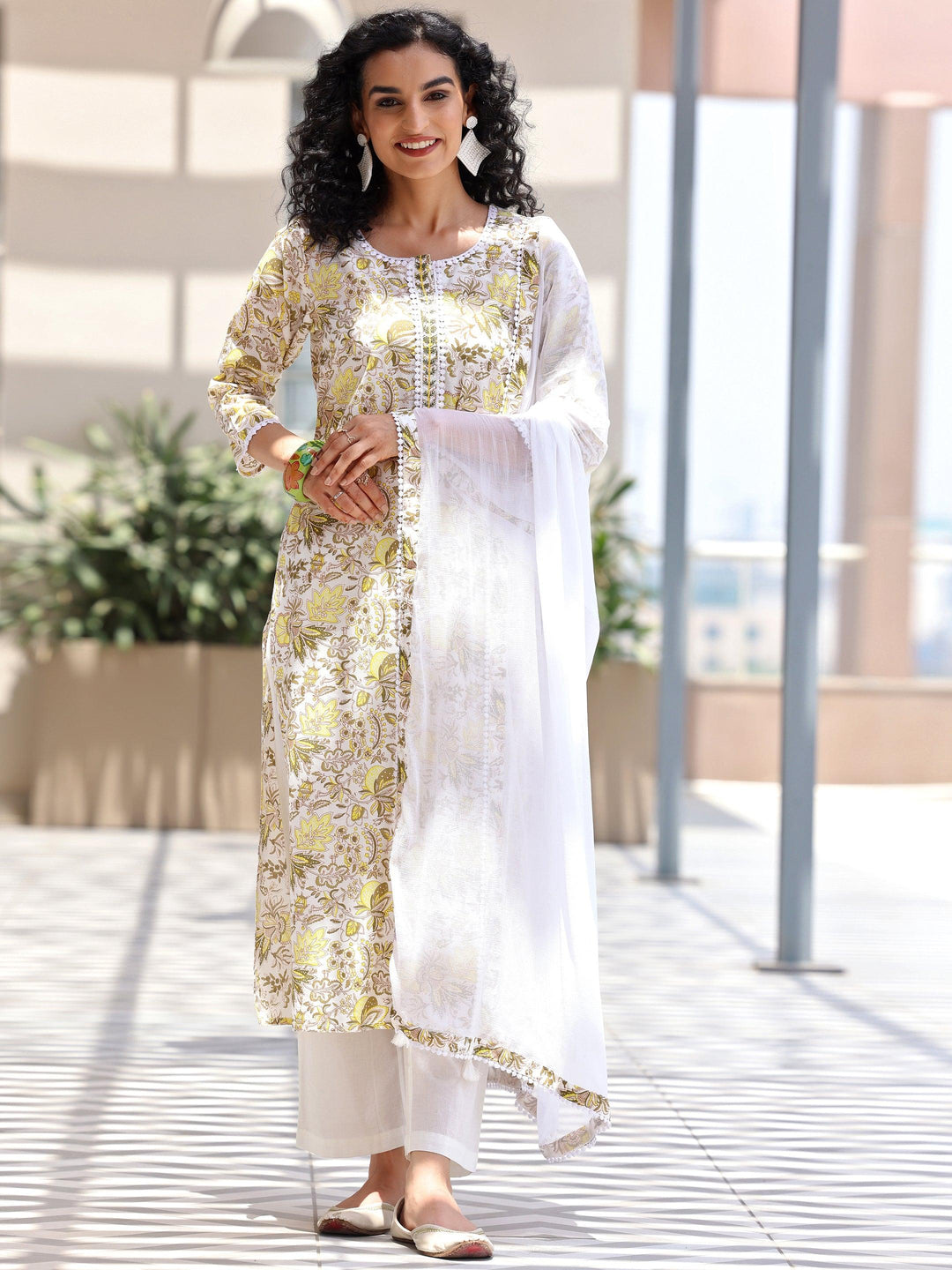 Off white Printed Cotton Straight Suit With Dupatta - Libas