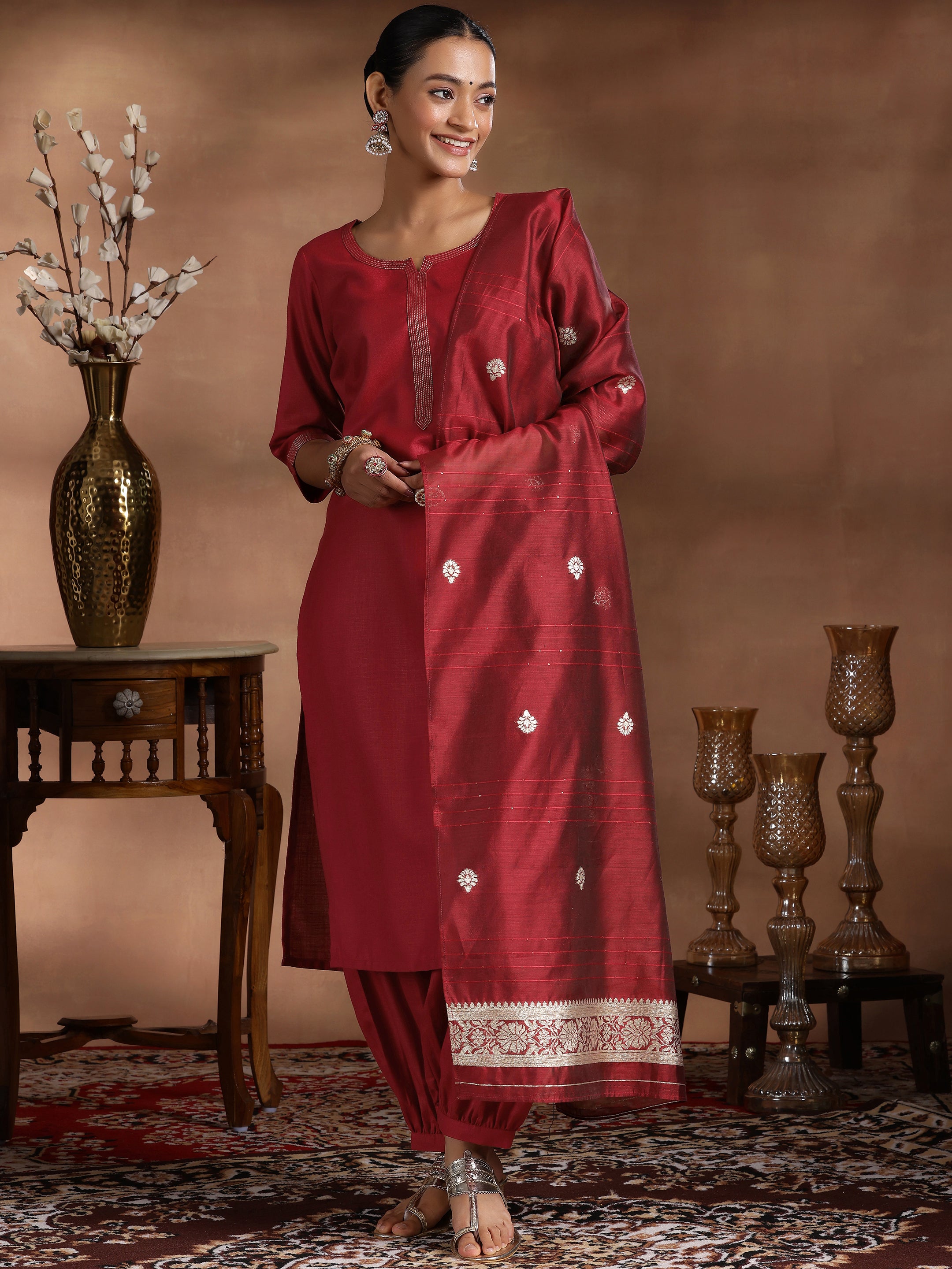 Maroon Solid Silk Blend Straight Suit With Dupatta