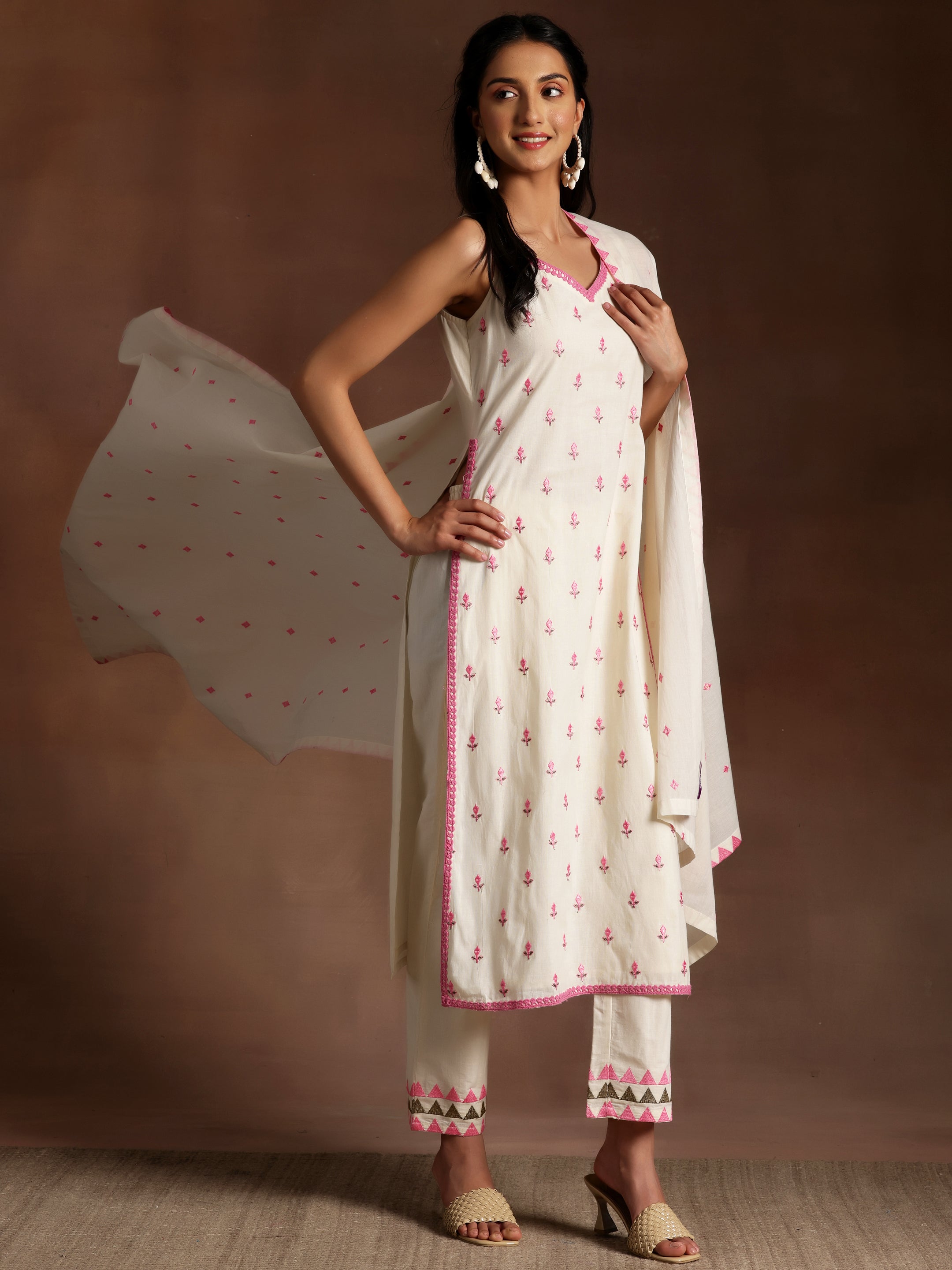 Off White Embroidered Cotton Straight Suit With Dupatta