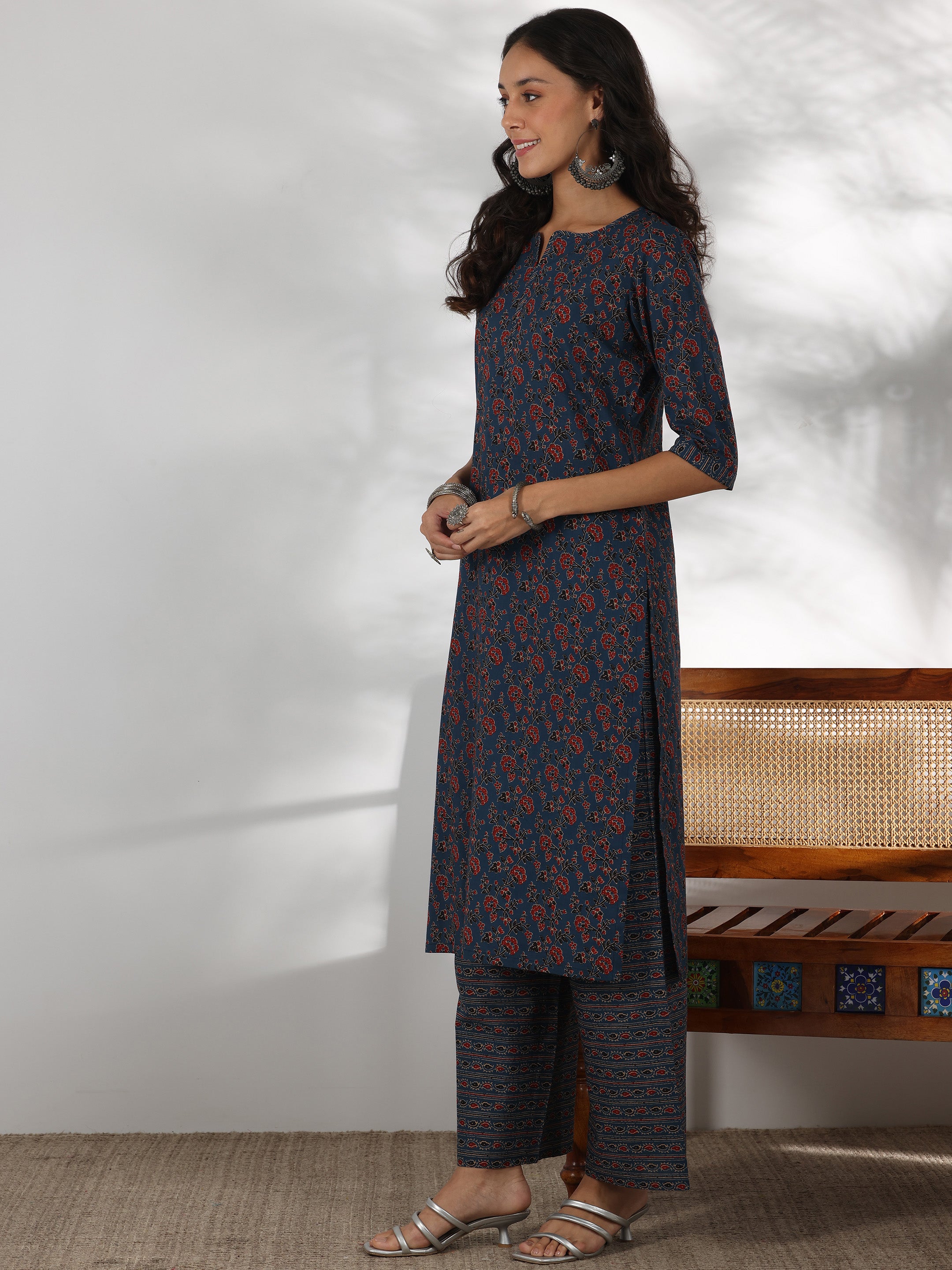 Blue Printed Cotton Straight Suit With Dupatta