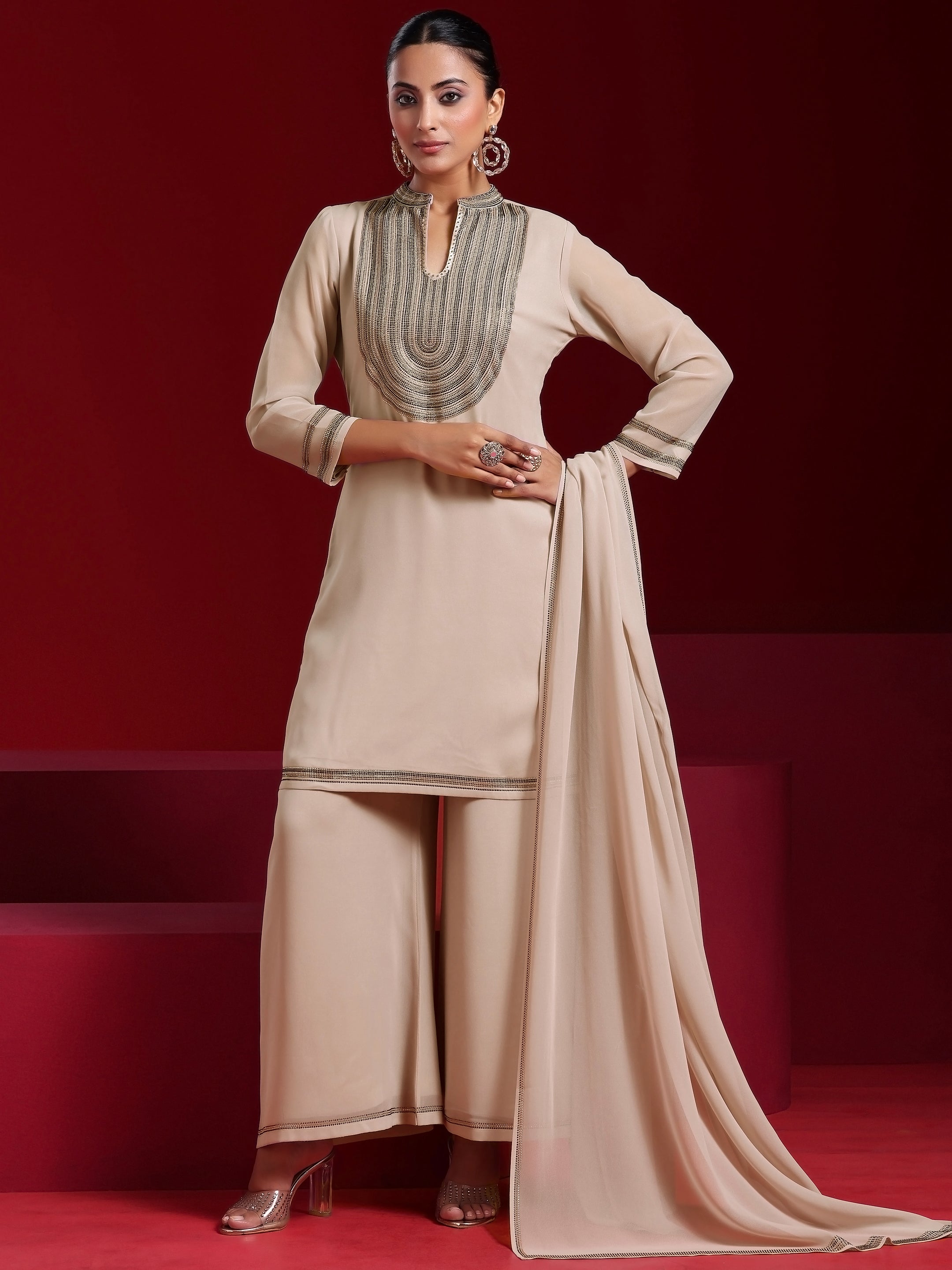 Libas Art Beige Yoke Design Georgette Straight Suit With Dupatta