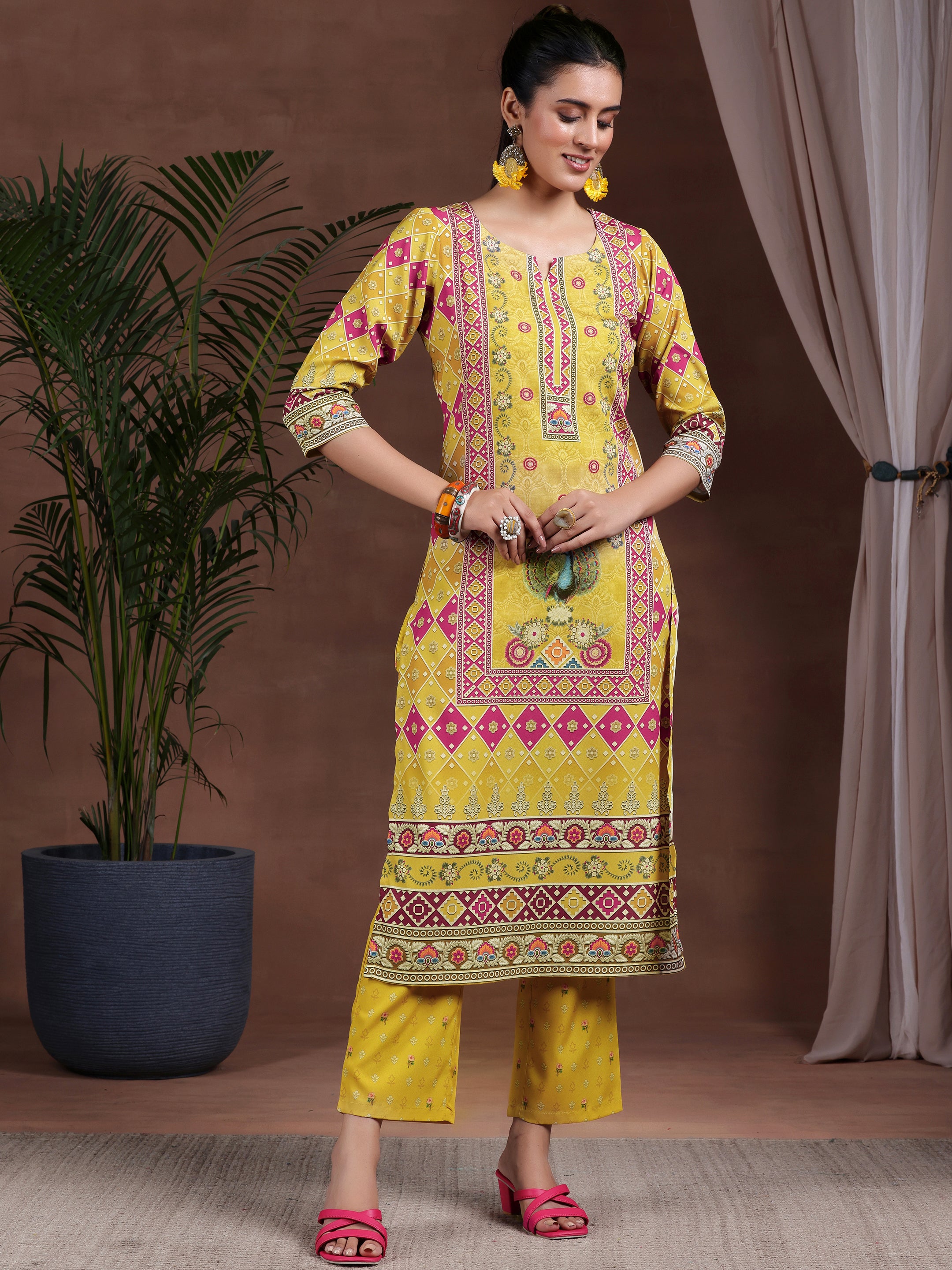 Mustard Printed Poly Crepe Straight Suit With Dupatta