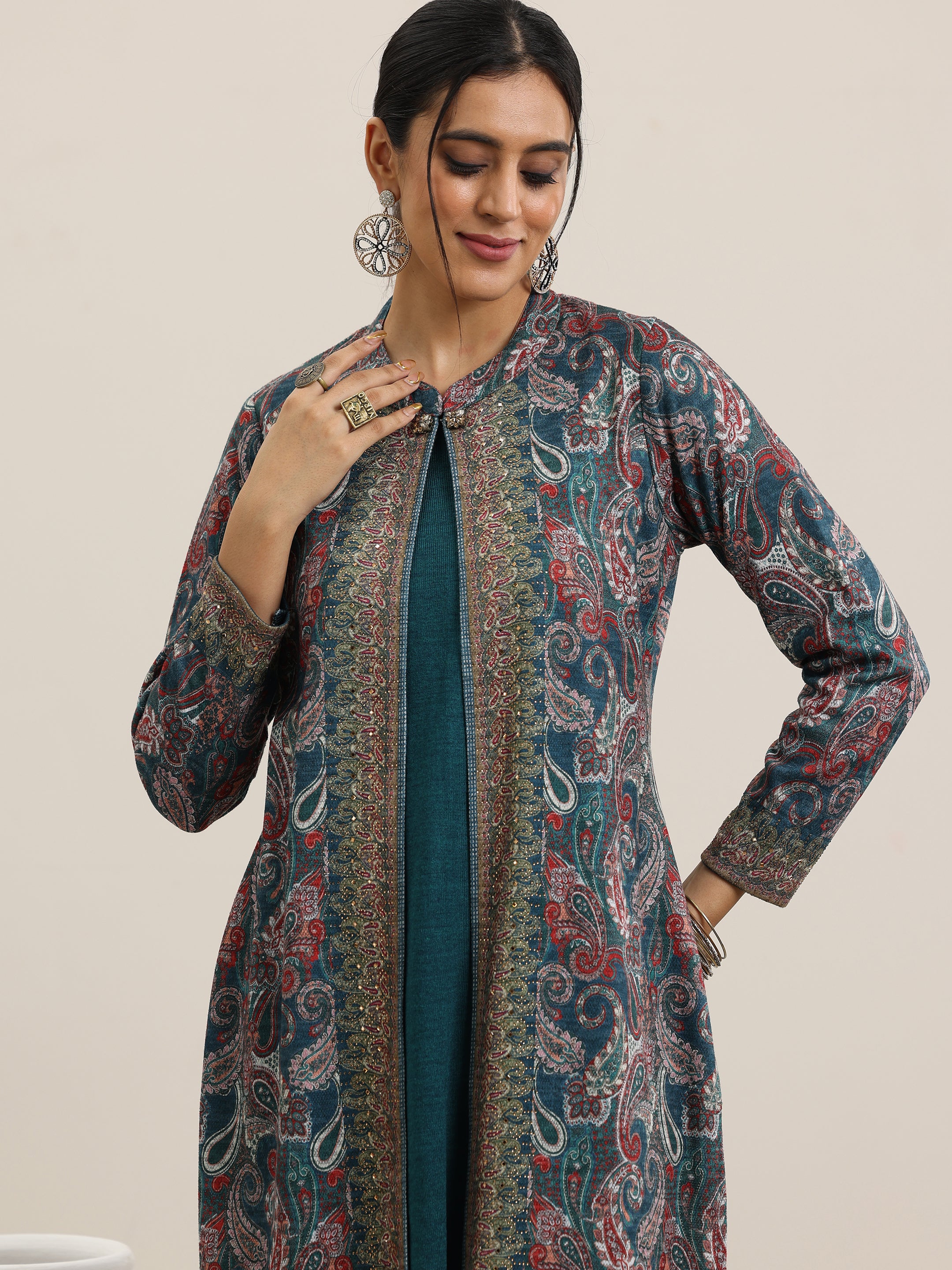 Blue Printed Wool Straight Kurta