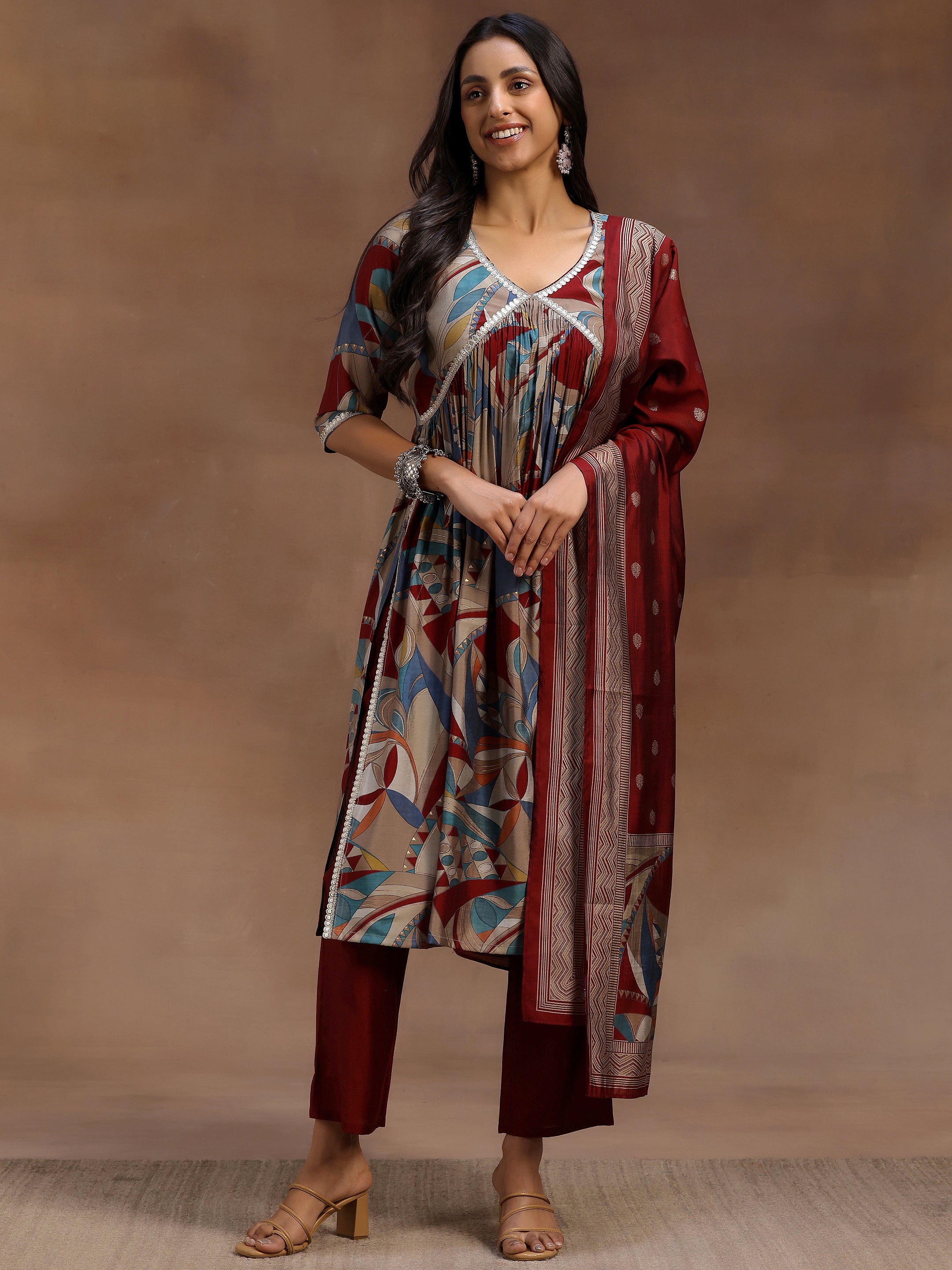 Maroon Printed Silk Blend A-Line Kurta With Trousers & Dupatta