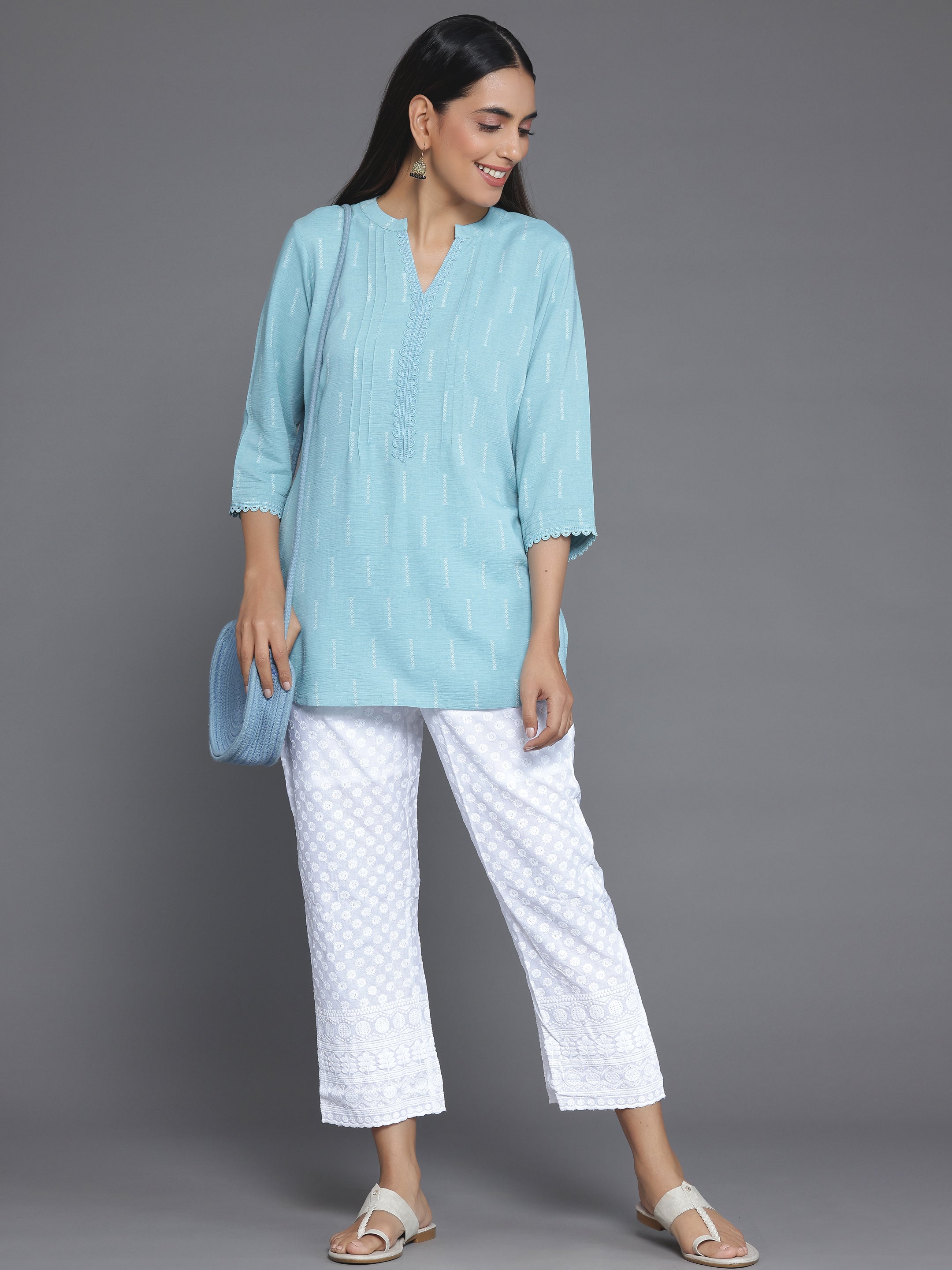 Blue Woven Design Cotton Blend Straight Kurti