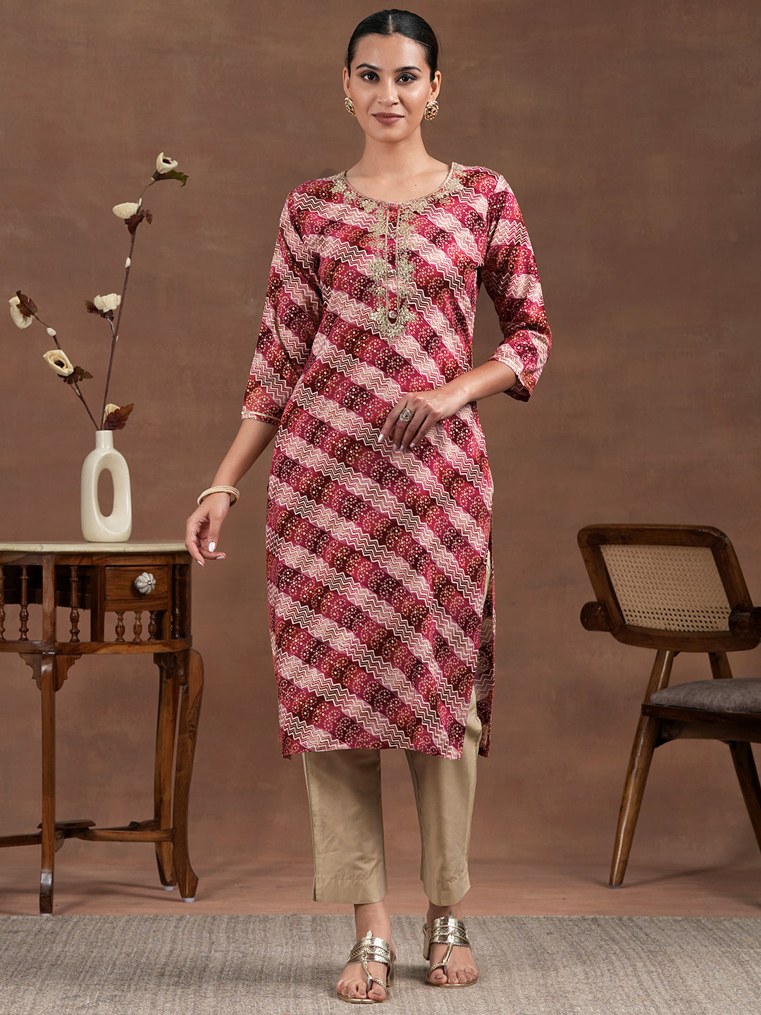 Maroon Printed Rayon Straight Kurta