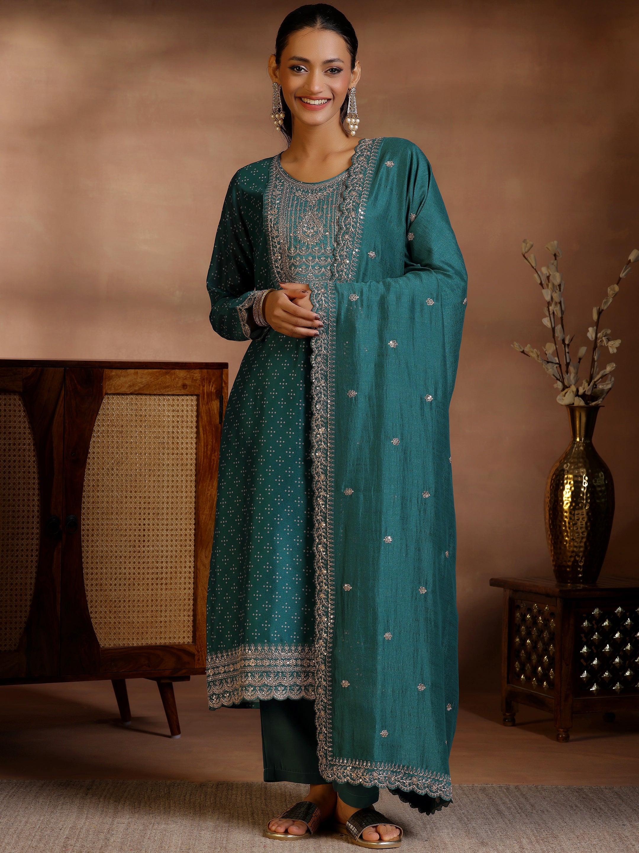 Green Printed Silk Blend Straight Suit With Dupatta