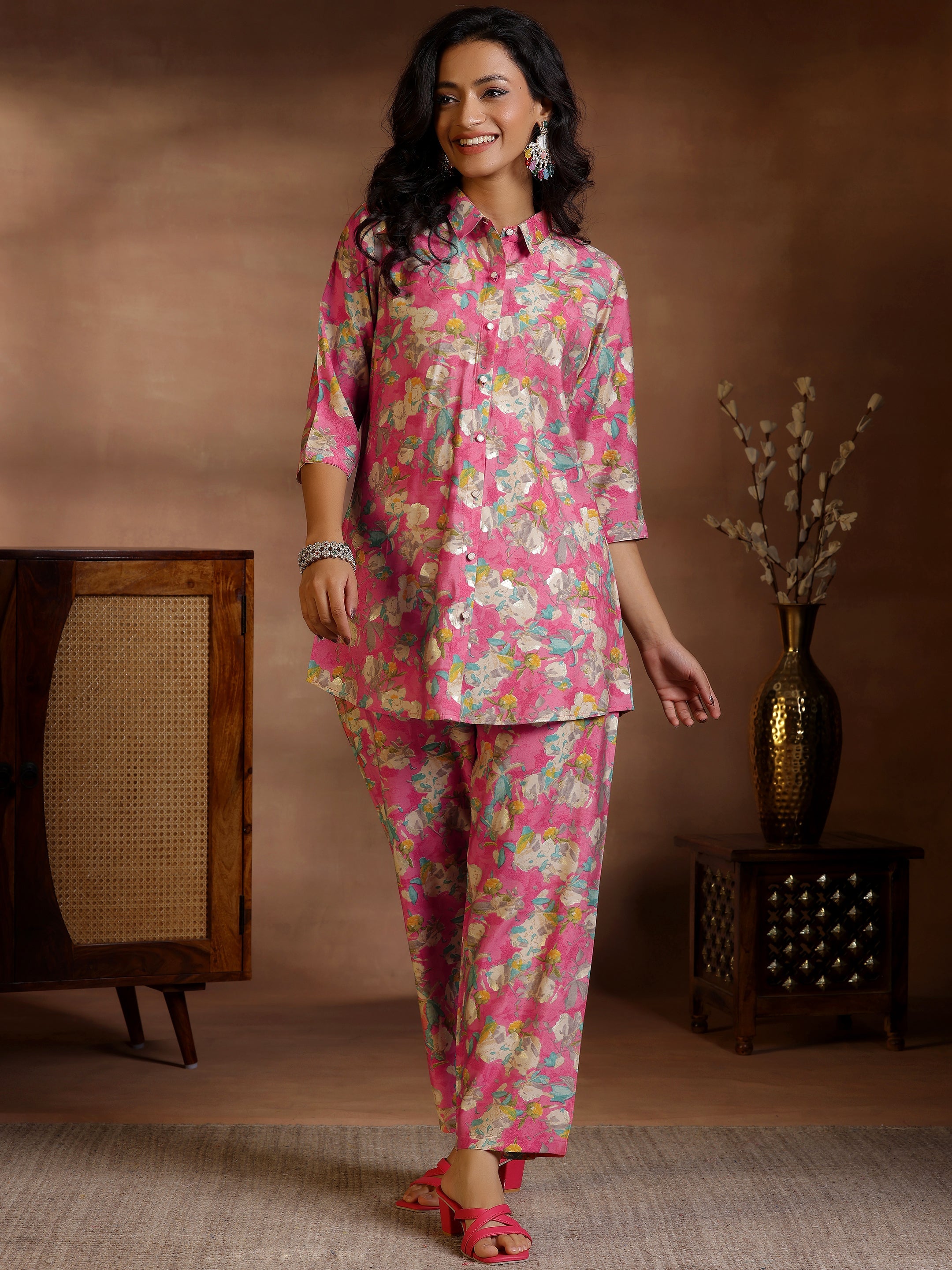 Pink Printed Silk Blend Co-Ords