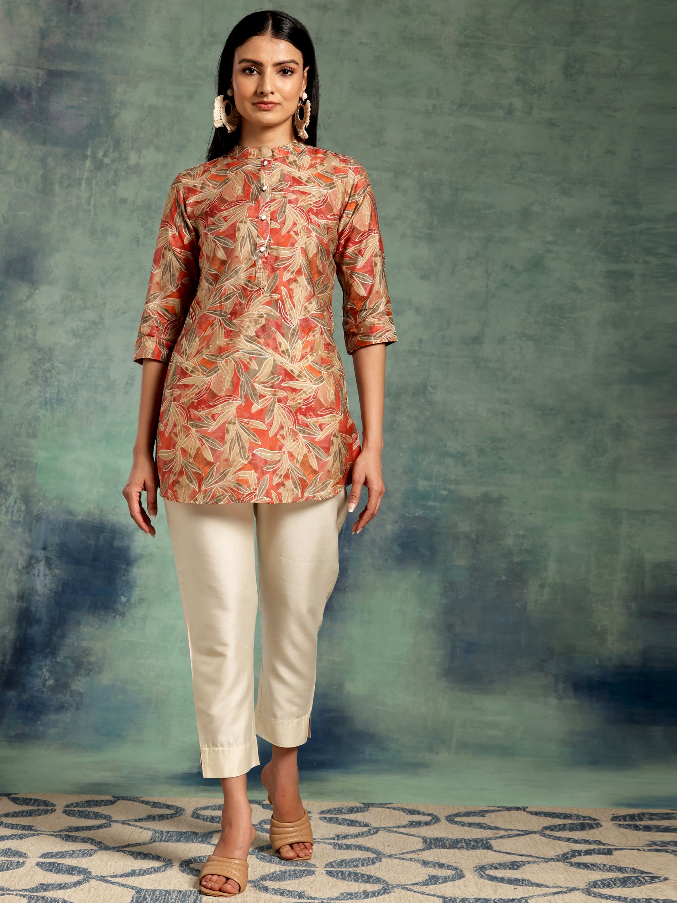 Beige Printed Silk Blend Straight Kurti