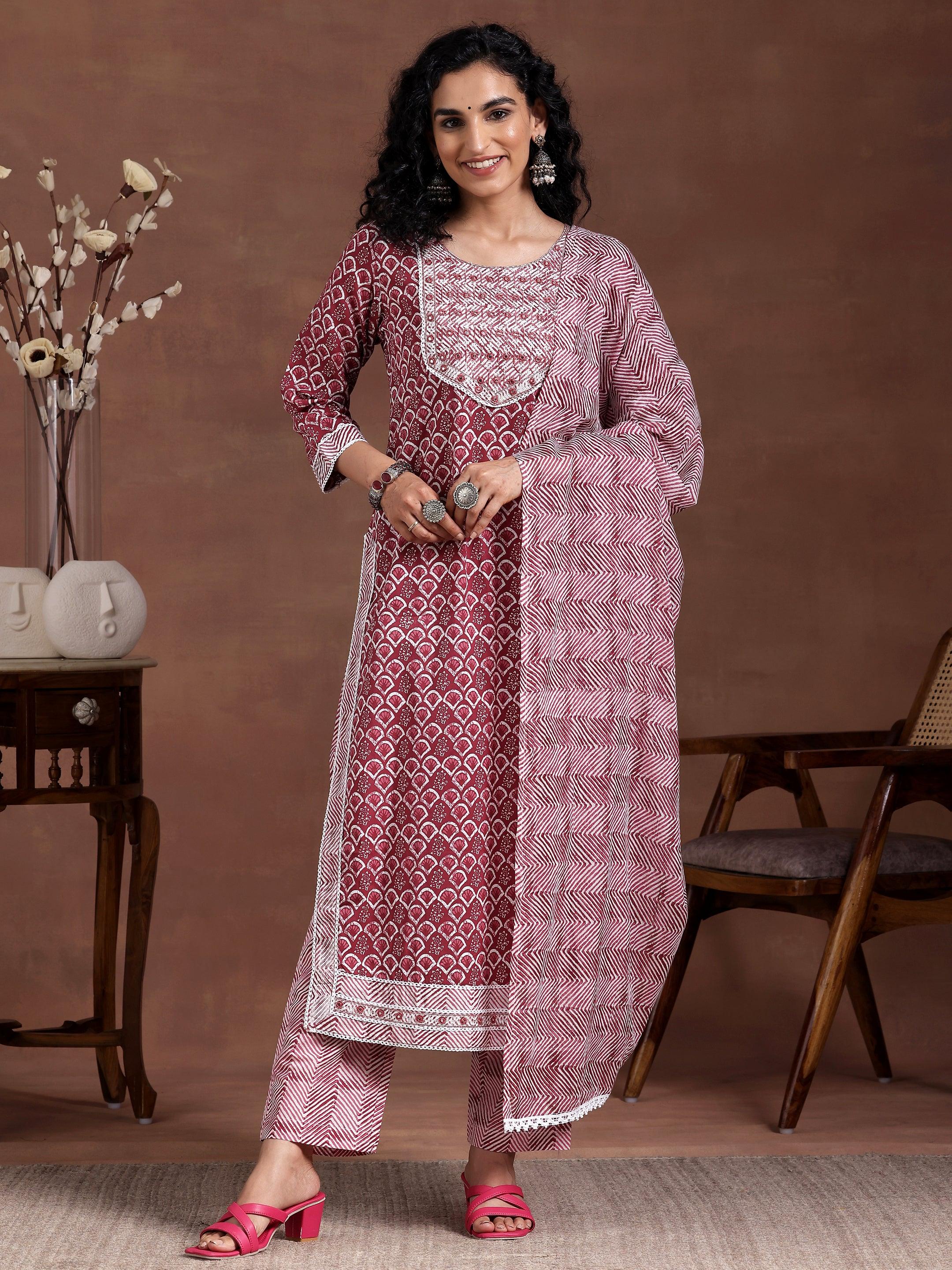 Maroon Printed Cotton Straight Suit With Dupatta