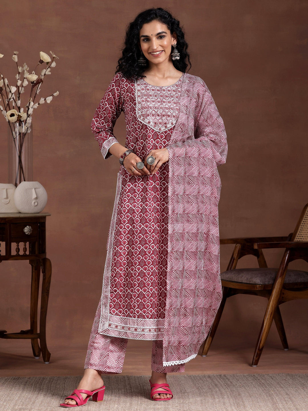 Maroon Printed Cotton Straight Suit With Dupatta - Libas