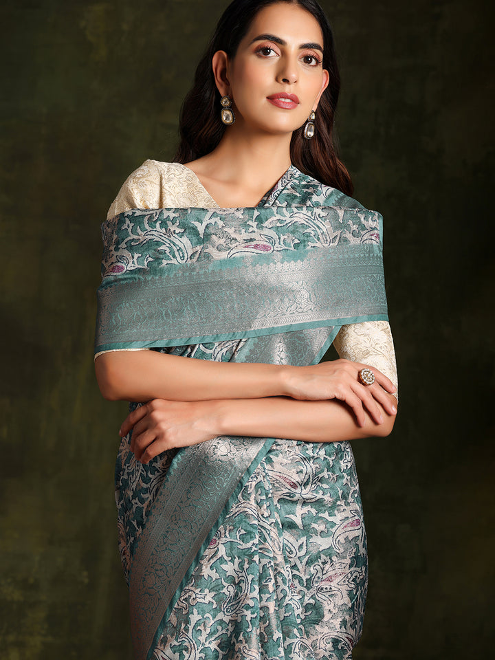 Green Woven Design Brocade Saree With Unstitched Blouse Piece