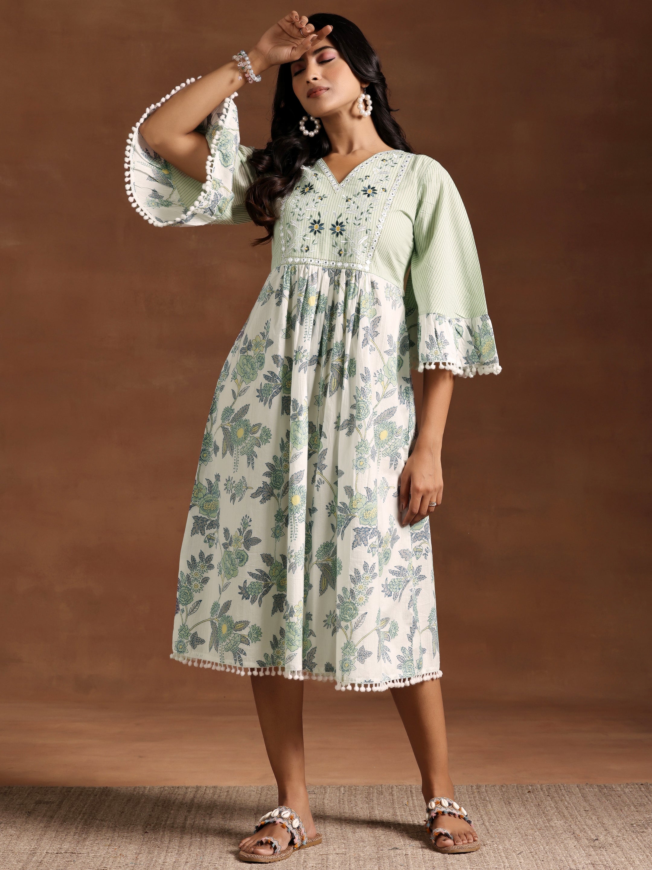 Green Printed Cotton A-Line Dress