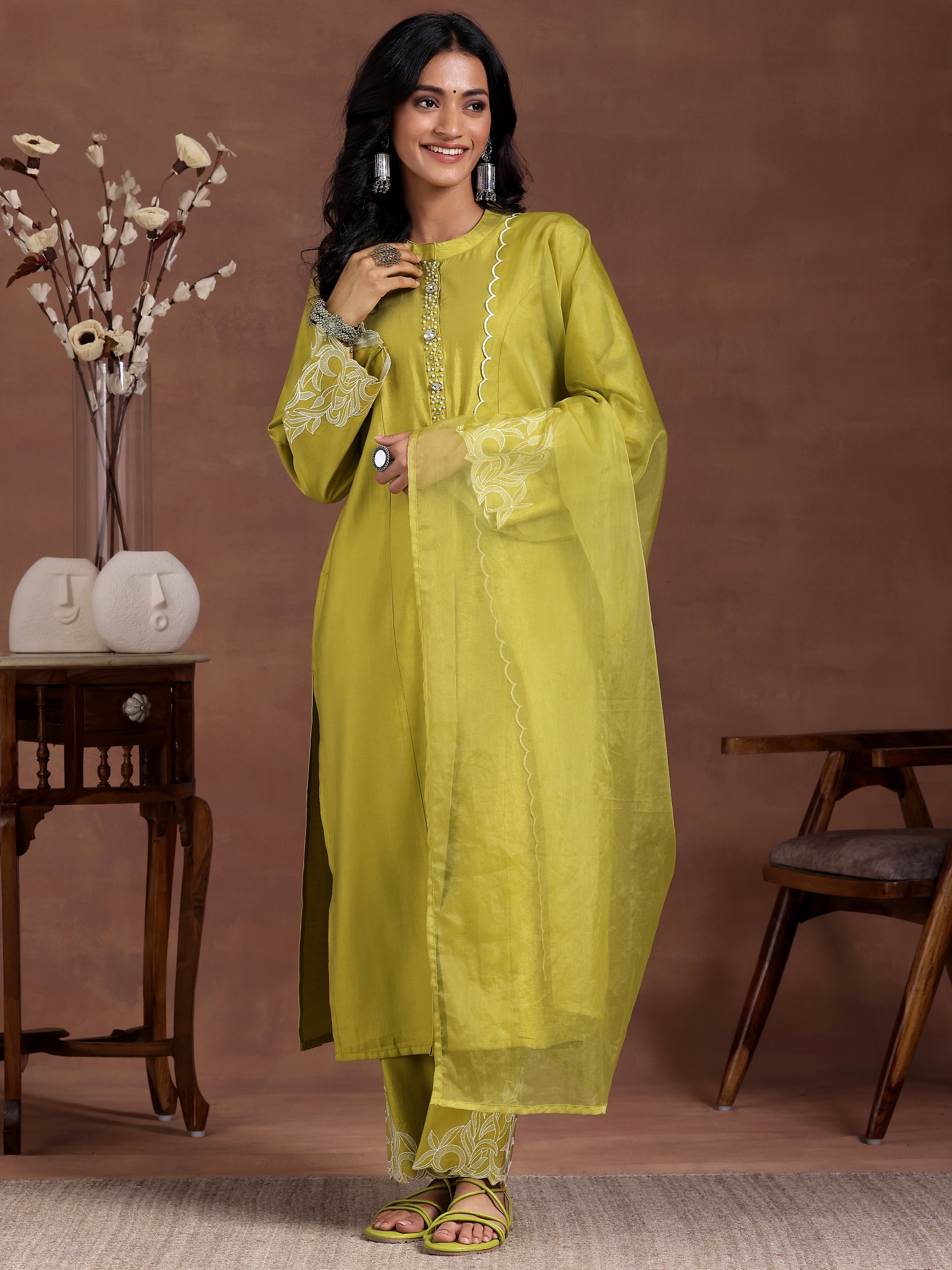 Lime Green Solid Silk Blend Straight Suit With Dupatta