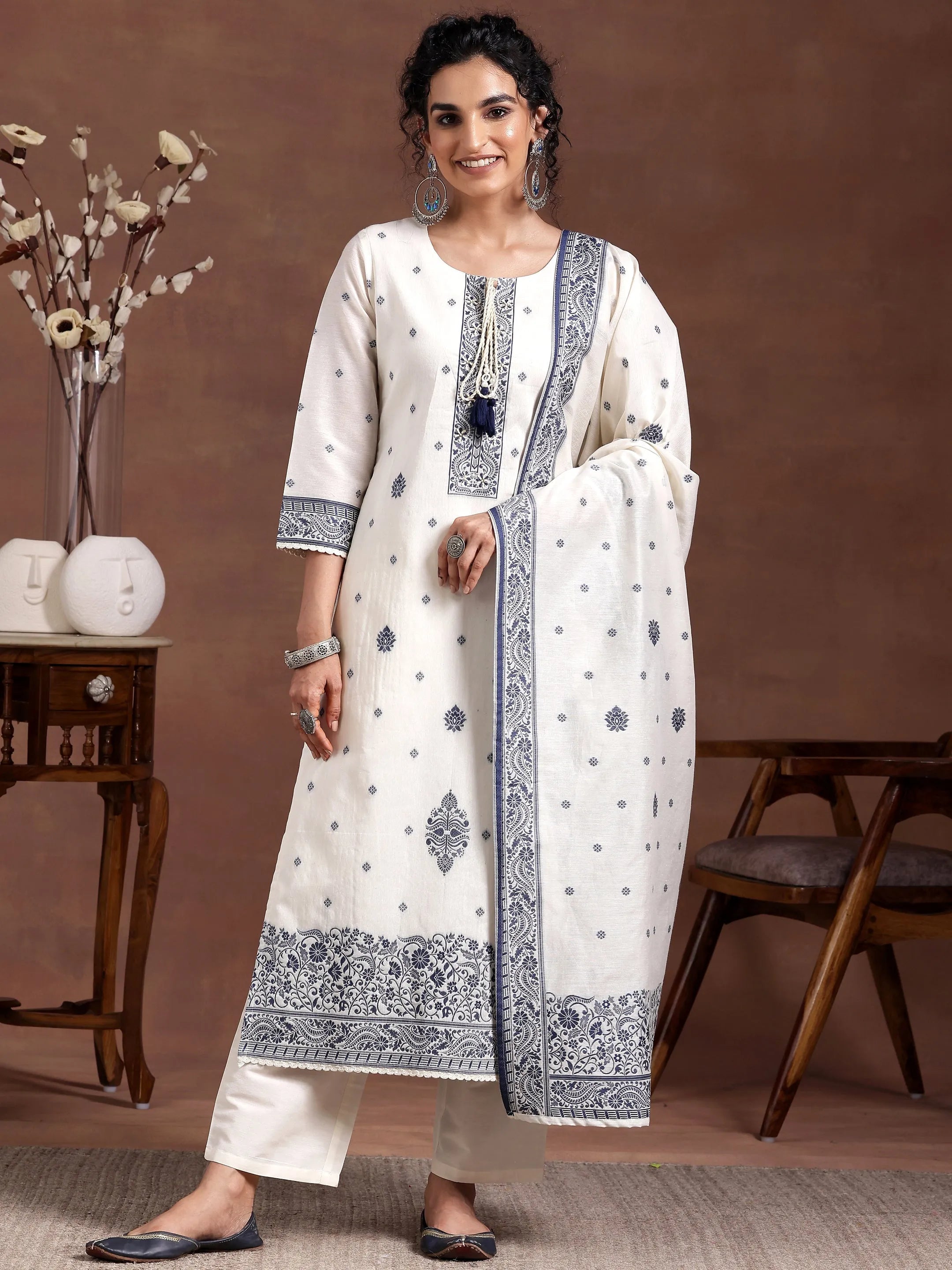 Off White Woven Design Chanderi Silk Straight Suit With Dupatta