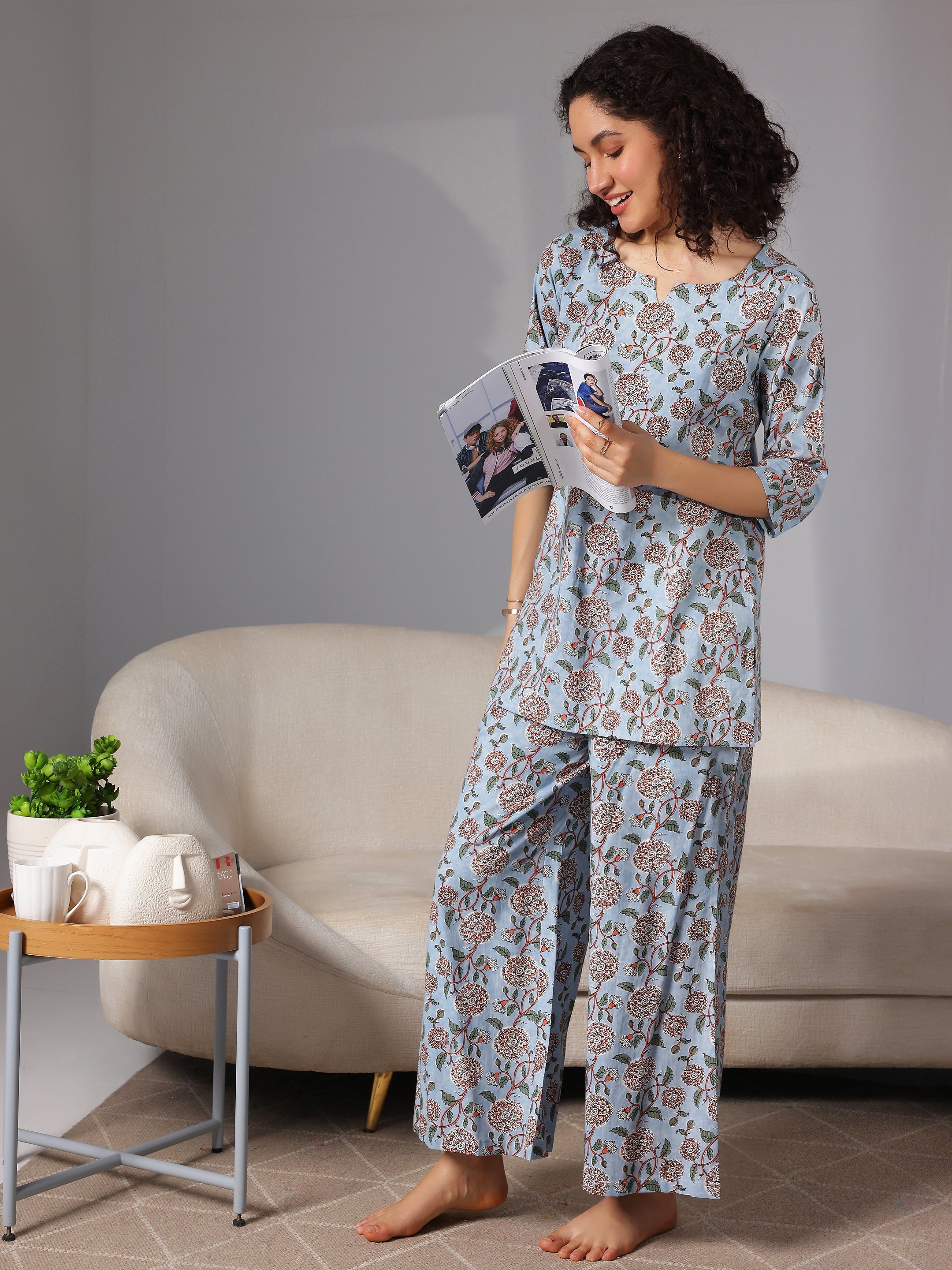 Blue Printed Cotton Night Suits