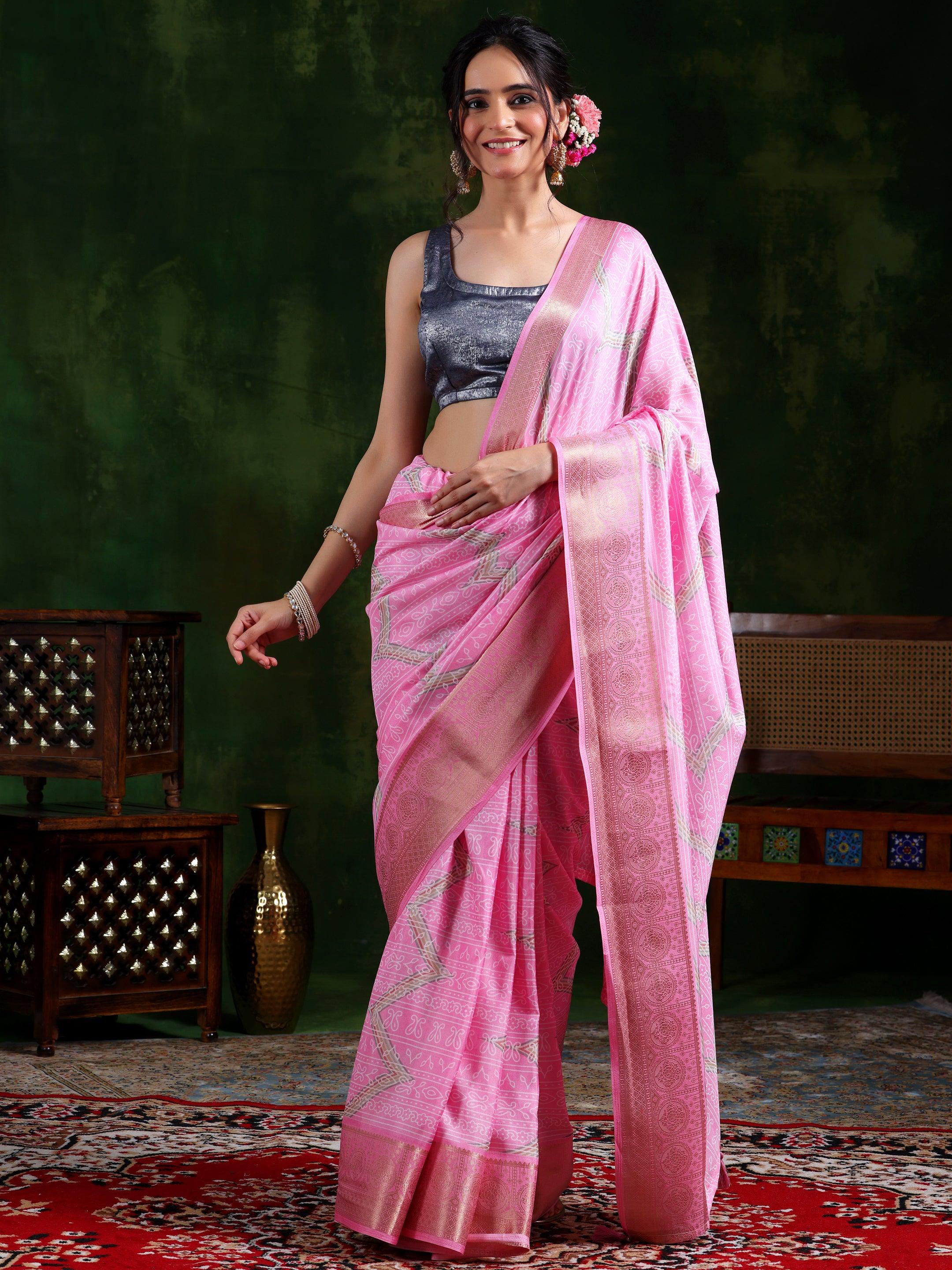 Pink Printed Silk Blend Saree With Unstitched Blouse Piece