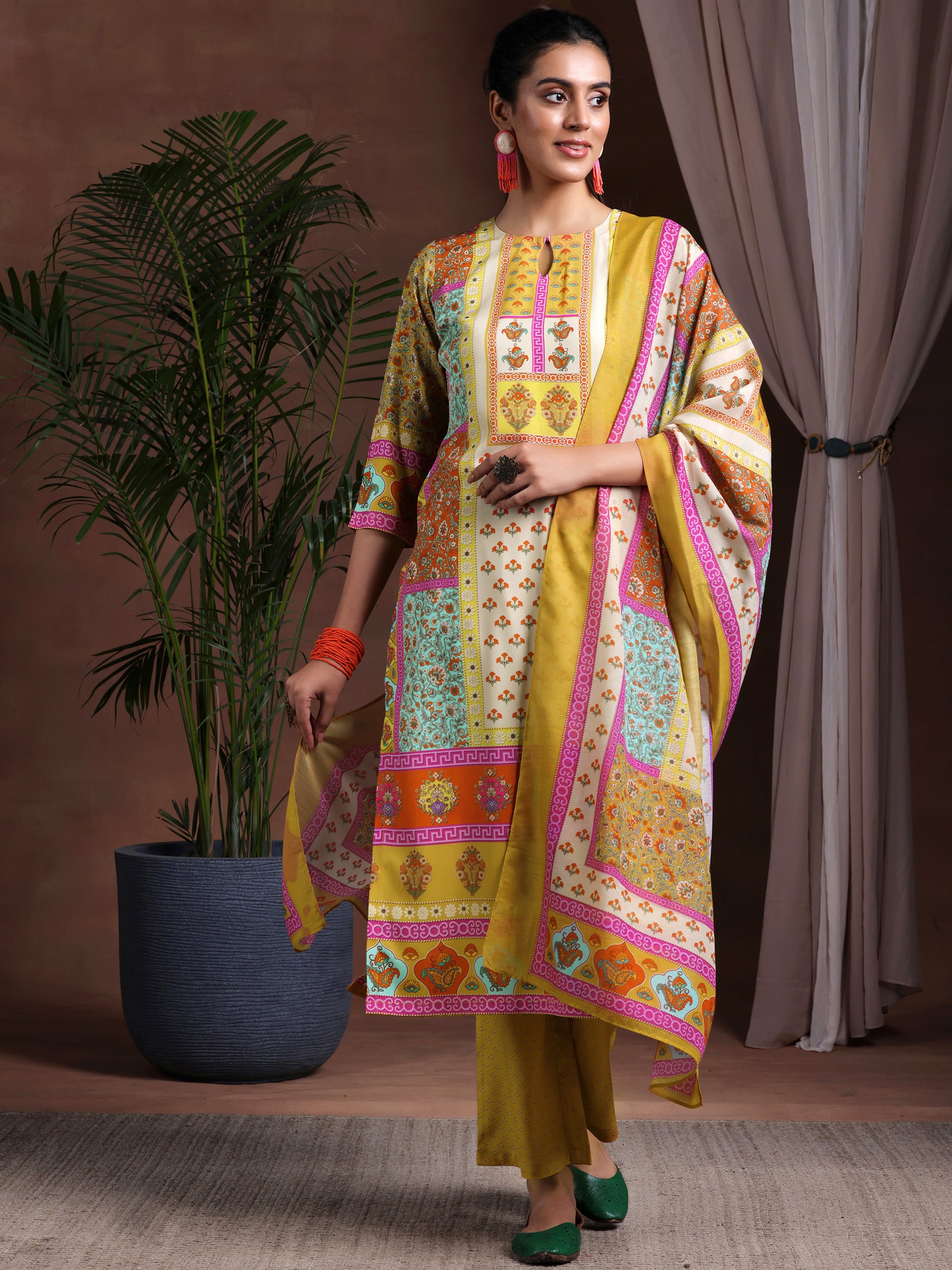 Mustard Printed Poly Crepe Straight Suit With Dupatta