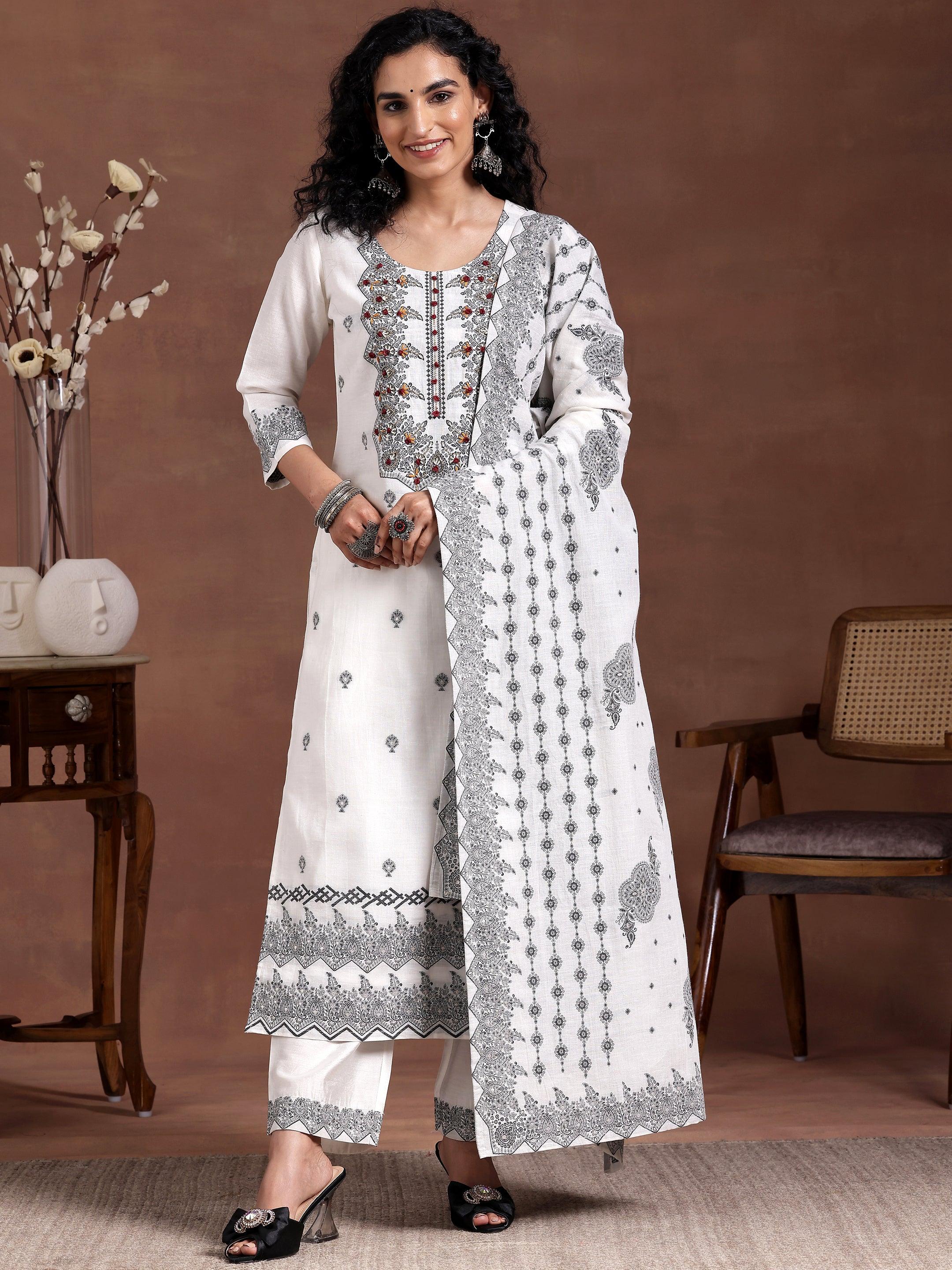 White Woven Design Linen Straight Suit With Dupatta