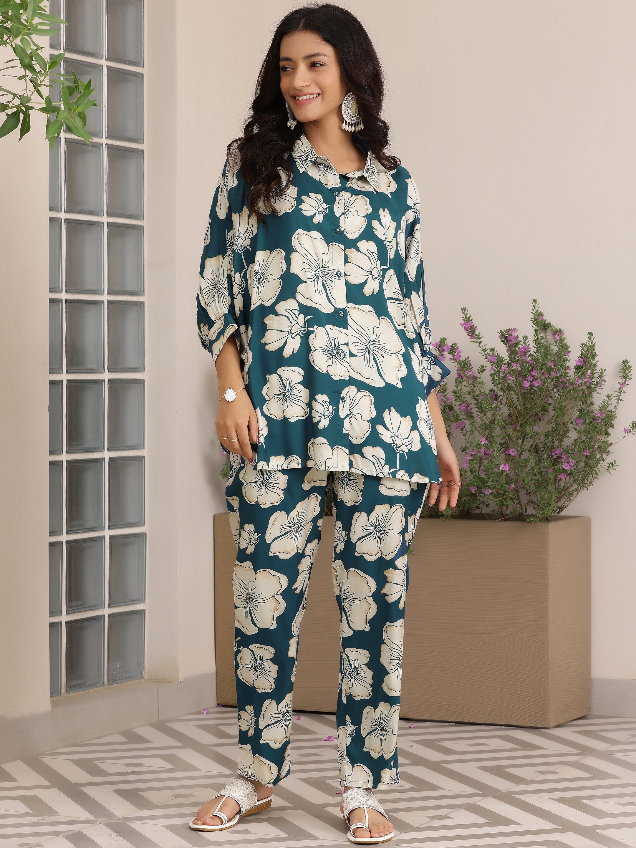 Blue Printed Silk Blend Co-Ords