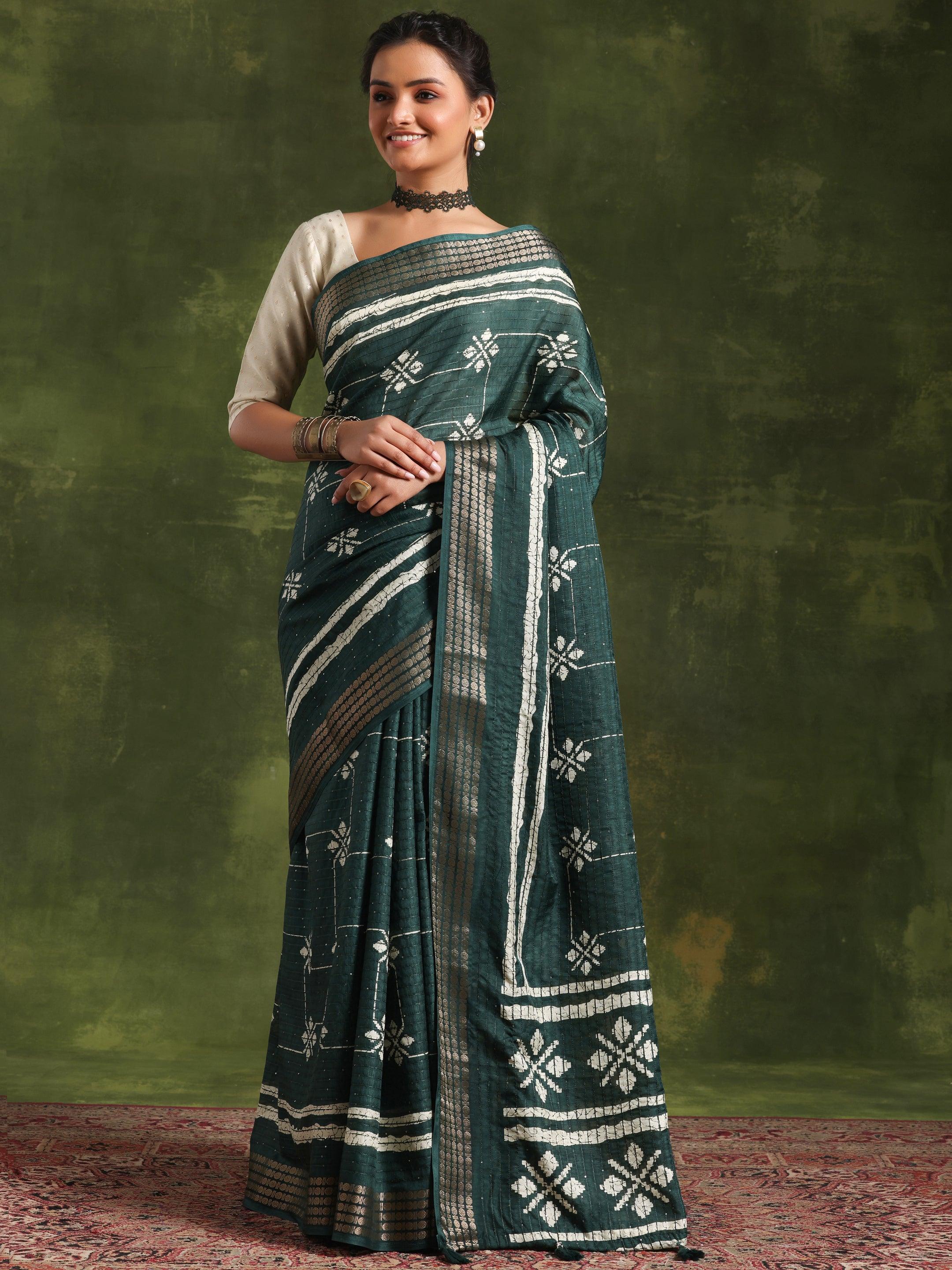 Green Printed Silk Blend Saree With Unstitched Blouse Piece