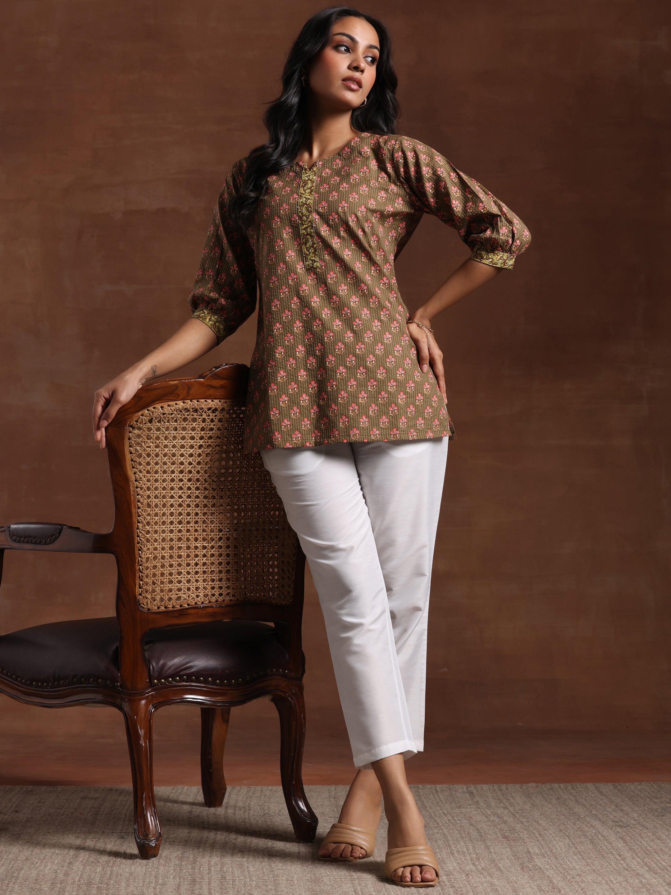 Olive Printed Cotton Straight Kurti