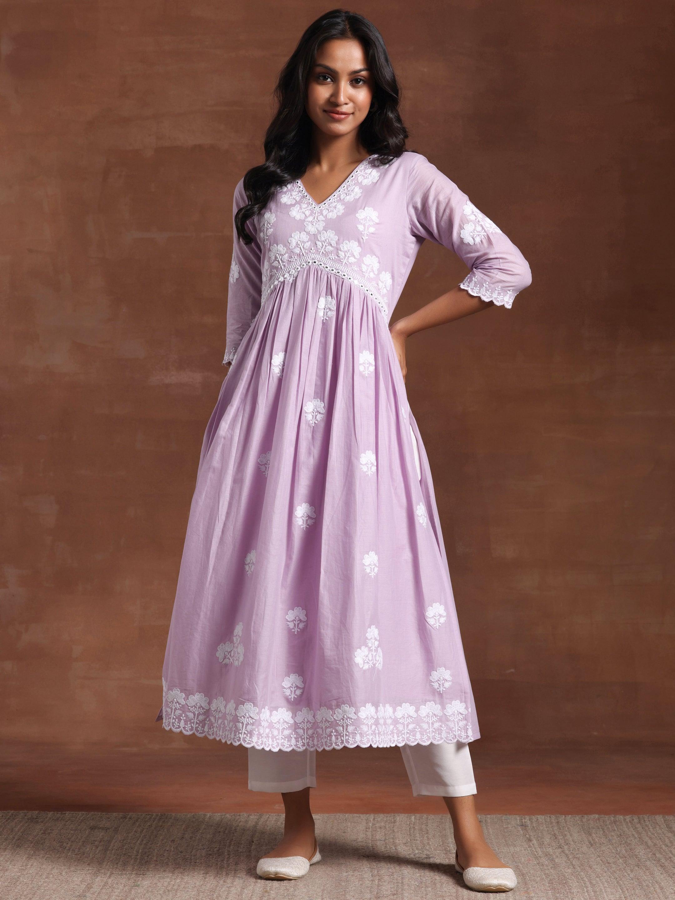 Lavender Embroidered Cotton A-Line Kurta