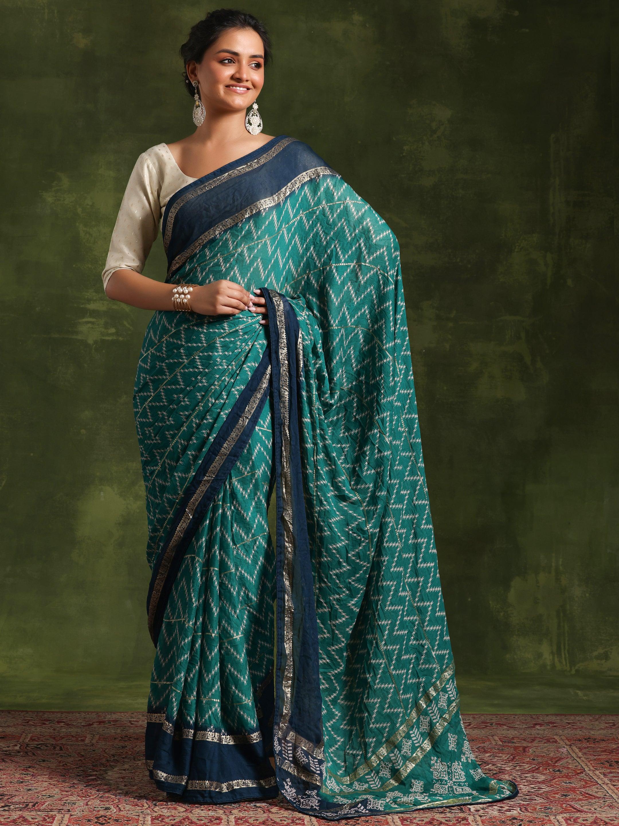 Green Printed Poly Georgette Saree With Unstitched Blouse Piece