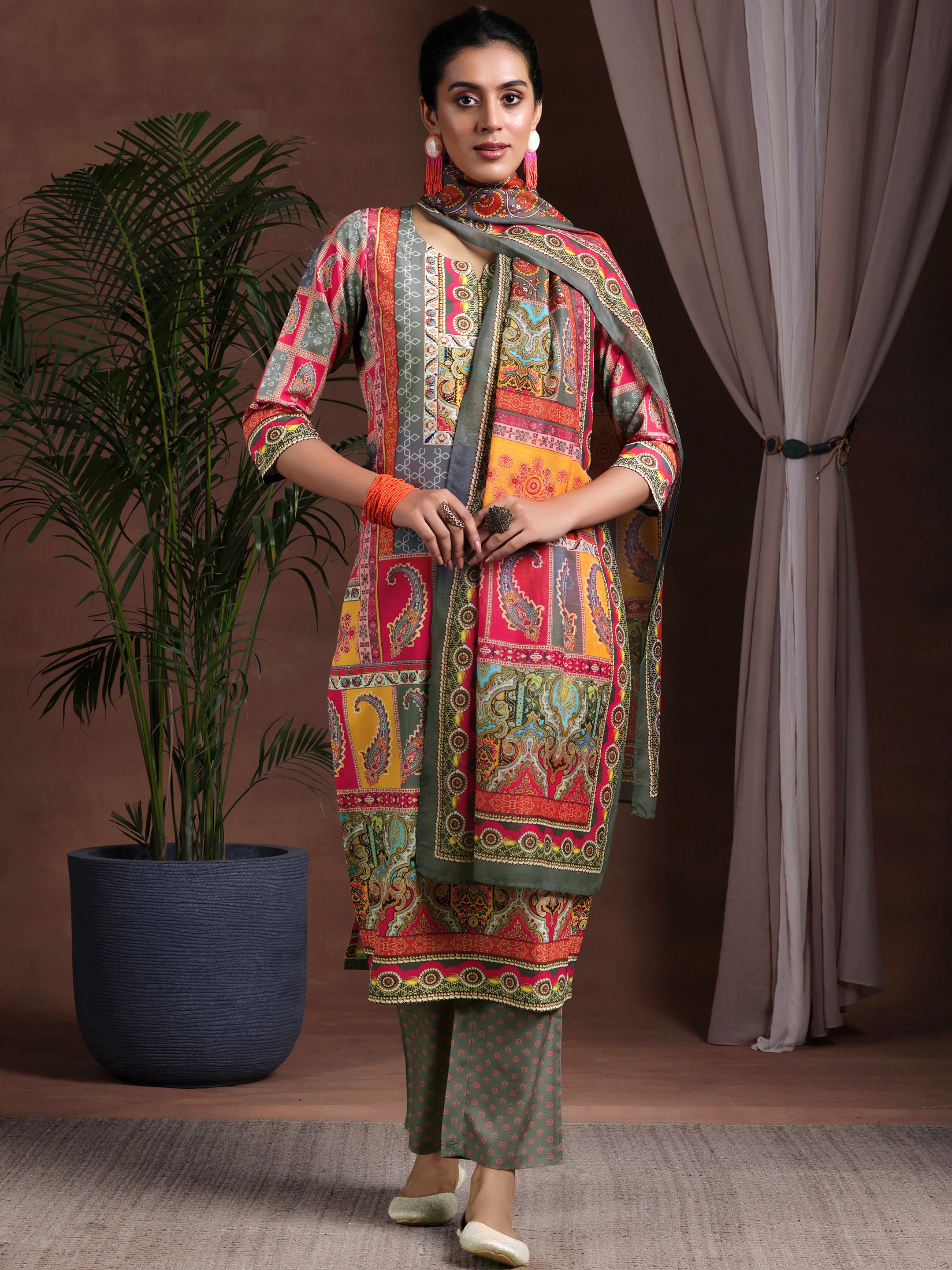 Multi Printed Poly Crepe Straight Suit With Dupatta