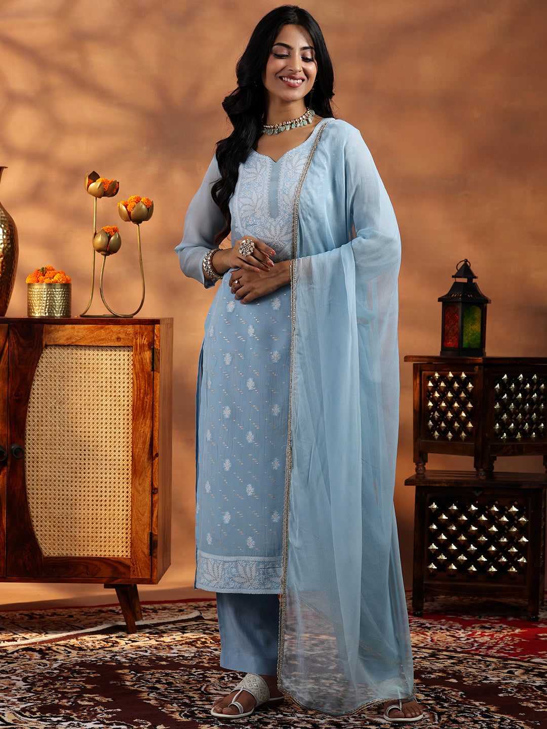 Blue Embroidered Organza Straight Suit With Dupatta