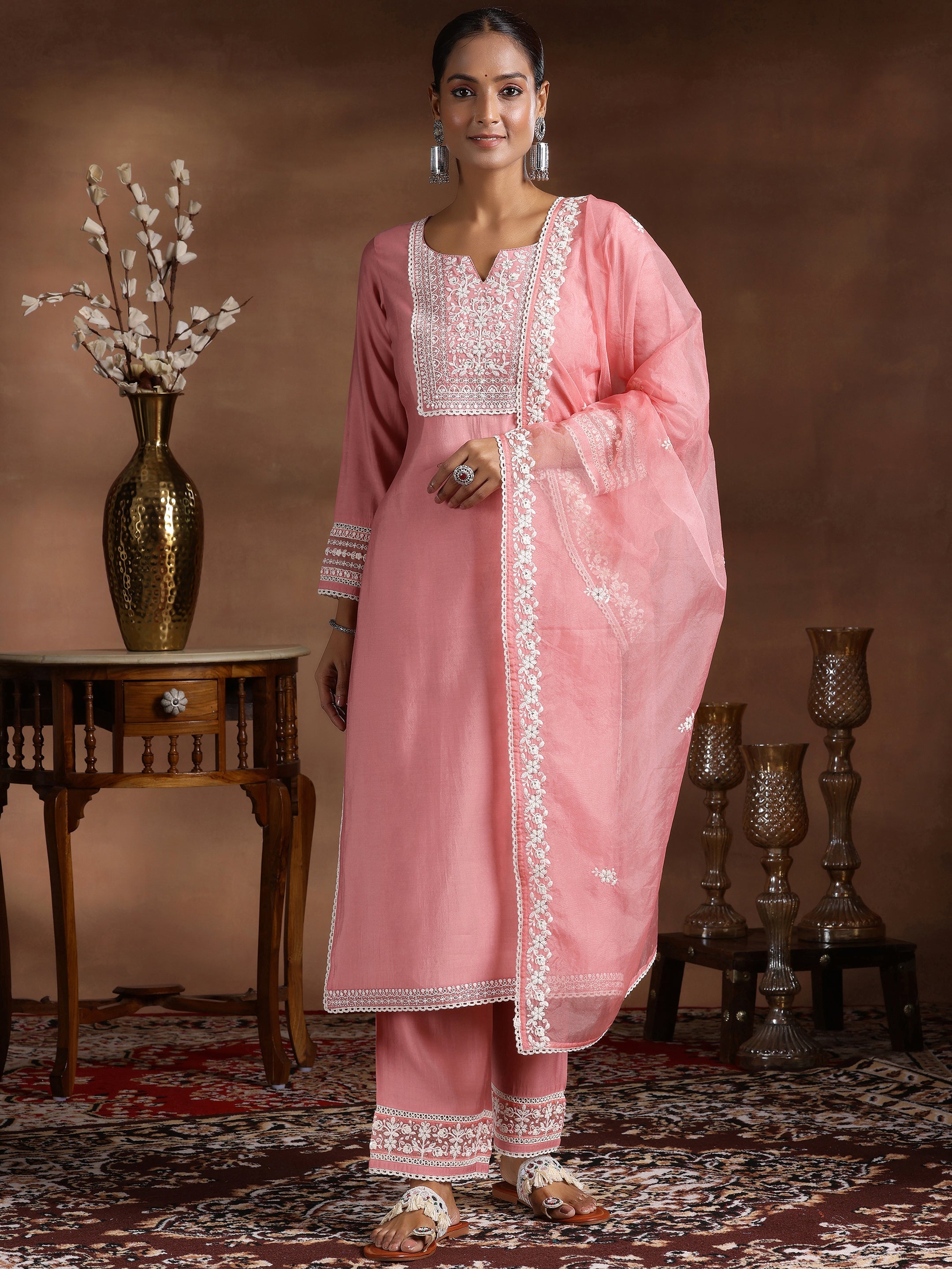 Pink Yoke Design Silk Blend Straight Suit With Dupatta