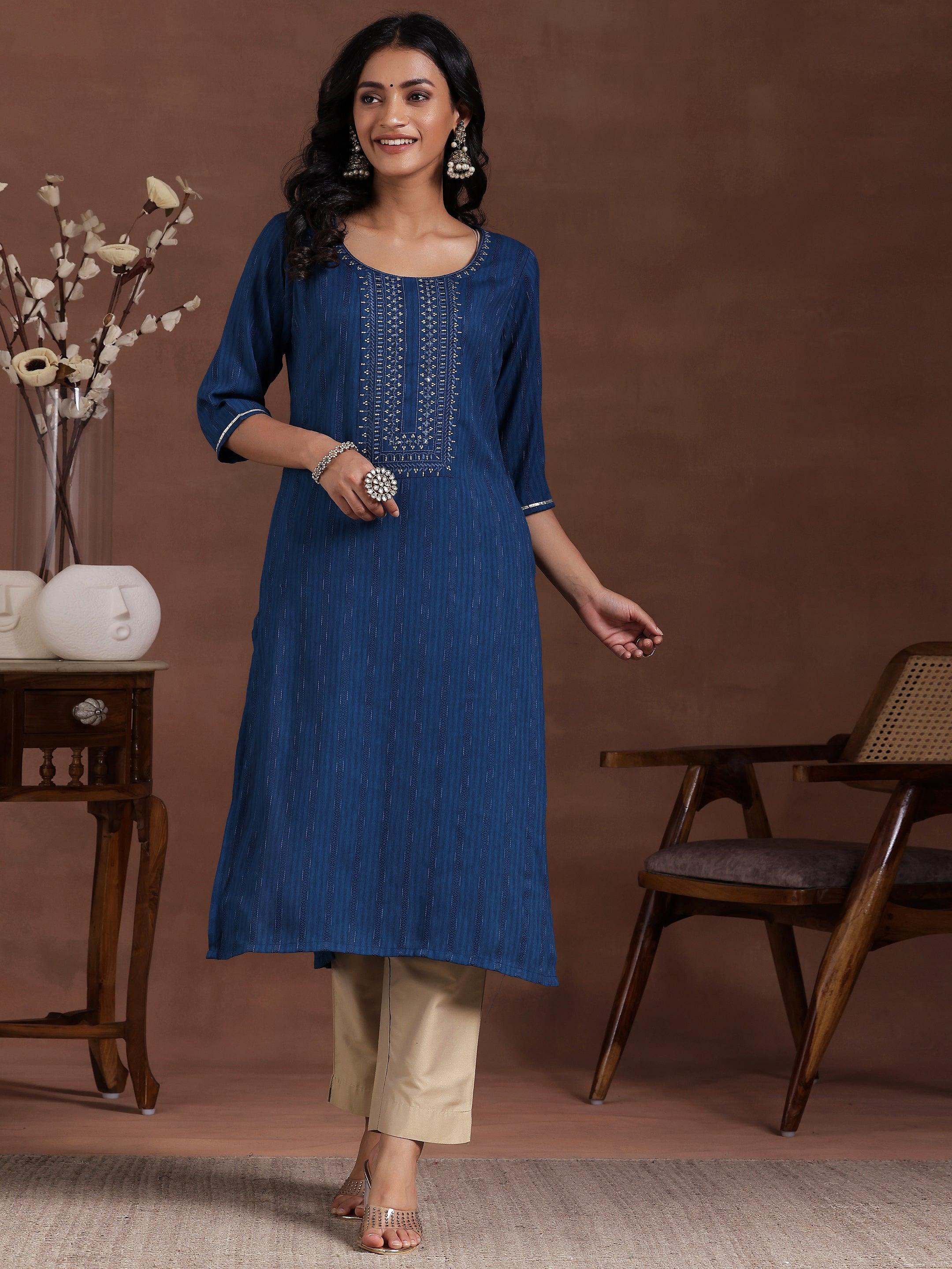 Blue Yoke Design Rayon Straight Kurta