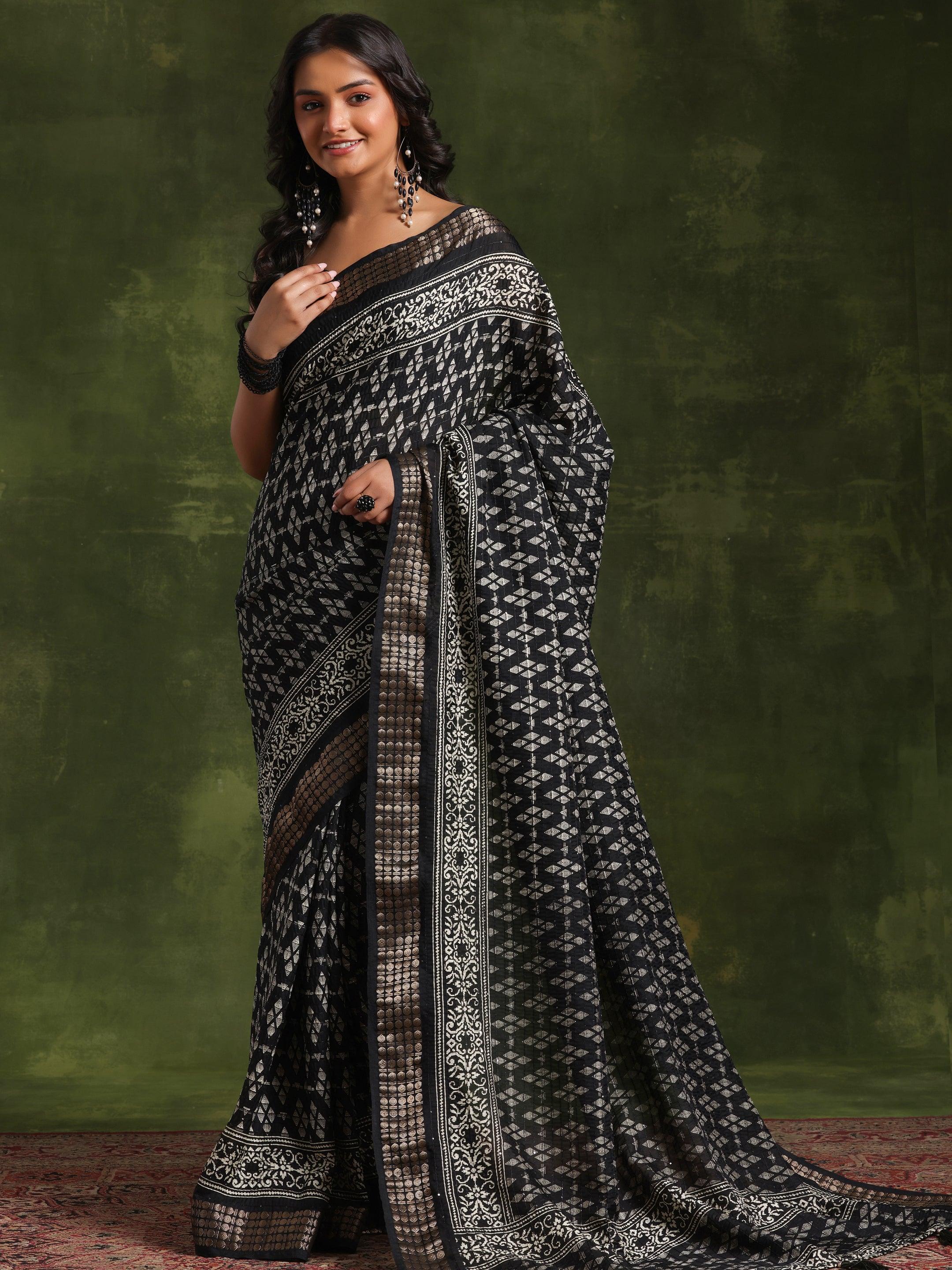 Black Printed Silk Blend Saree With Unstitched Blouse Piece