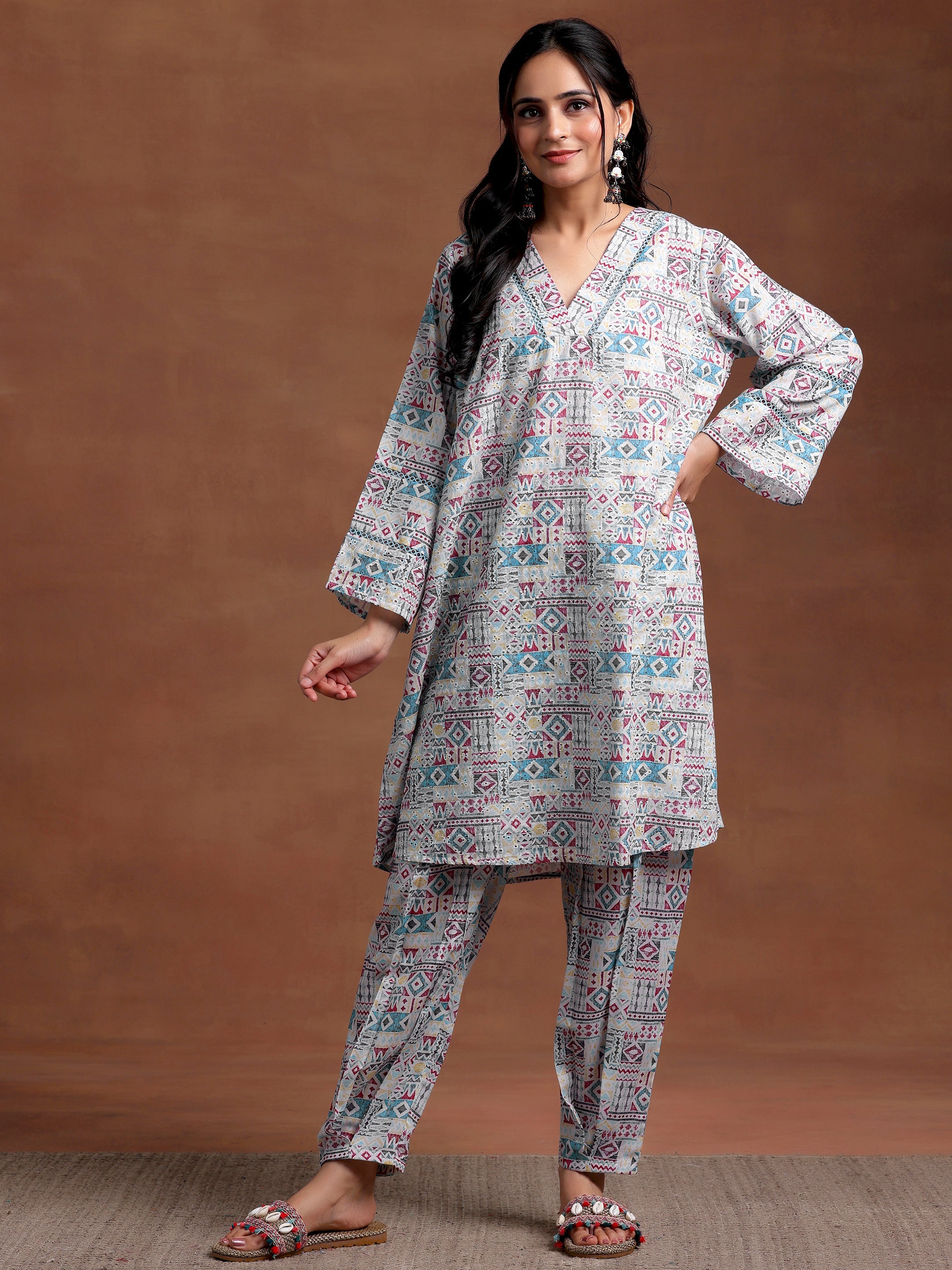 Blue Printed Cotton Straight Kurta Set